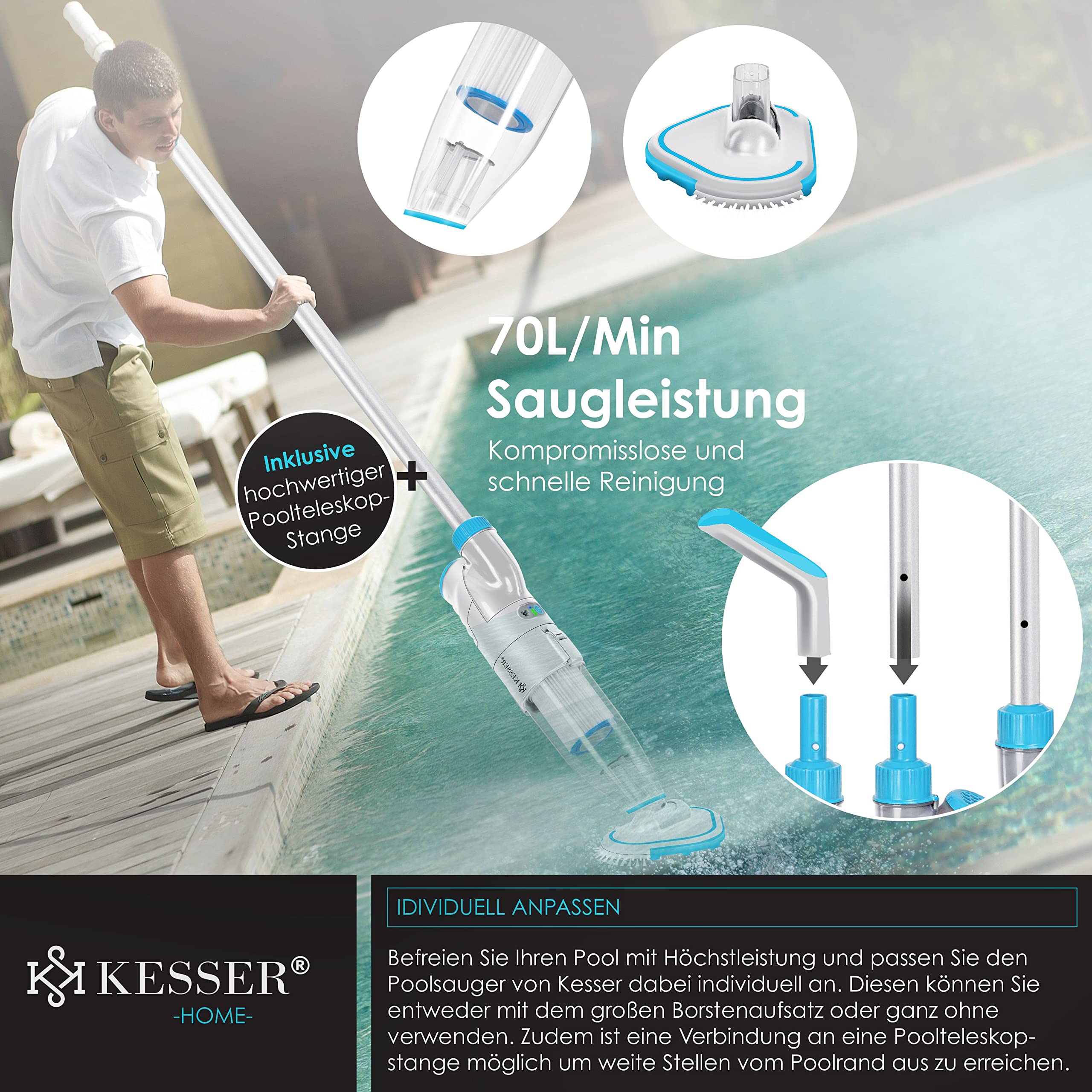 KESSER® Vacuum Cleaner per Piscina con Batteria Ricaricabile + Copertura | Vacuum Cleaner Elettrico per Piscina Manuale | con Filtro e Sistema a 2 velocità |Senza Cavi 15 m³, Fino a 15 m³,