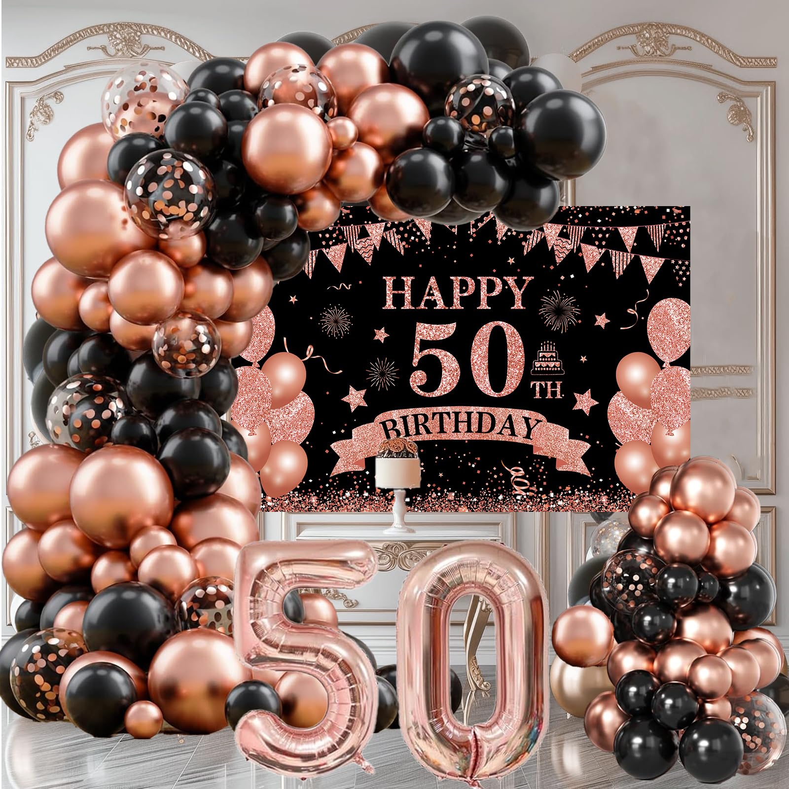 50th Birthday Decorations For Women-Rose Gold 50th Birthday Banner,Rose Gold Black Balloons, 32 Inch 50 Number Balloons For 50 And Fabulous Bir-thday Decorations