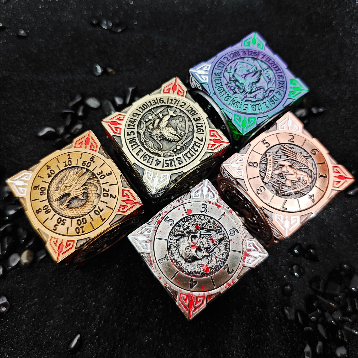 Set di dadi in metallo 7 in 1, con rilievo 3D, per dungeons and drons, poliedrici per giochi di ruolo, accessori fantasy per giochi di ruolo da tavolo per DM e giocatori, oro antico