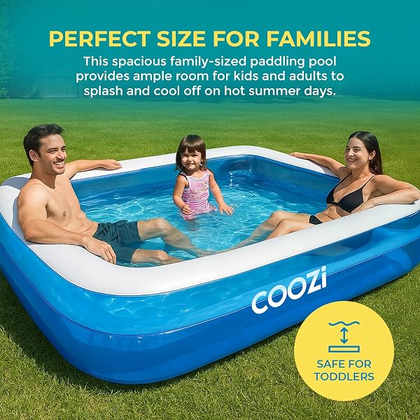 COOZi Paddling Pool – 2.6M Large Inflatable Pool for Kids, Toddlers & Adults, Durable Outdoor Swimming Pools with Self-Adhesive Repair Patch, Rectangle Pools for Summer Fun - 4
