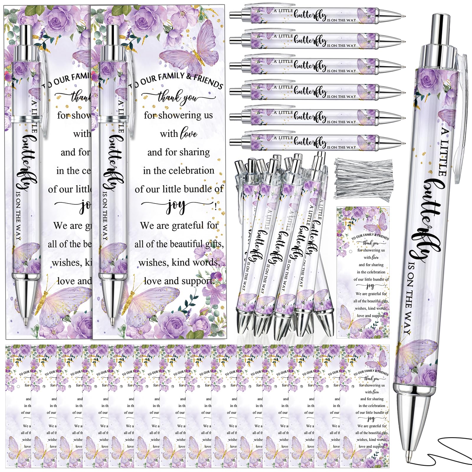 Dinifee 36 Sets Butterfly Baby Shower Favors for Guest Includes Rolling Paper Purple Ballpoint Pens with Greeting Cards Bulk for Party Decorations