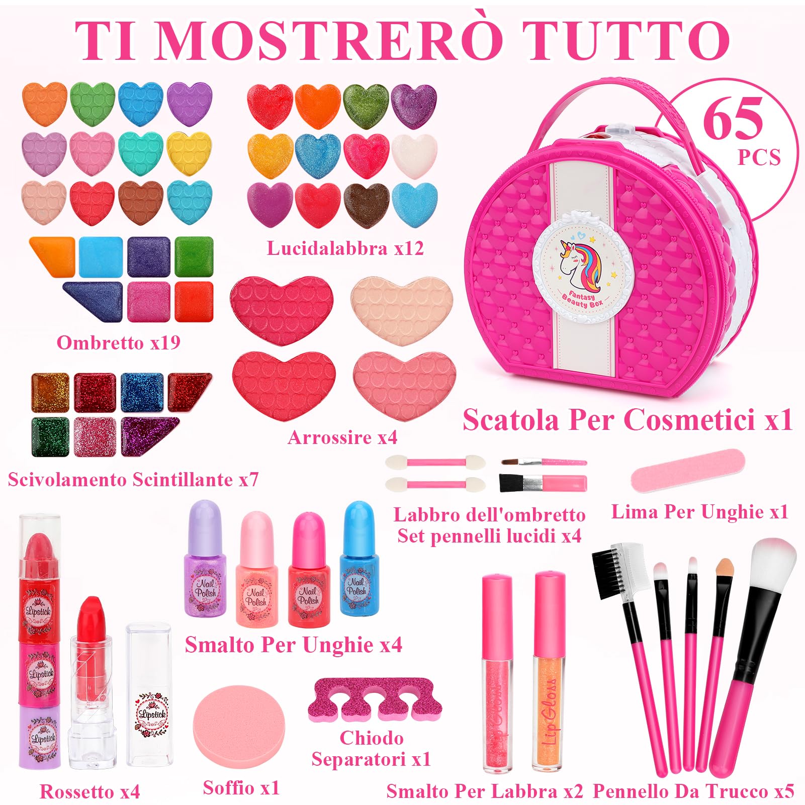65 Pezzi Trucchi Bambina Set, Lavabile Set Di Valigetta Trucchi Per Bambini, Giochi Bambina Natale Compleanno Regalo Bambina 3 4 5 6 7 8 9 10 Anni