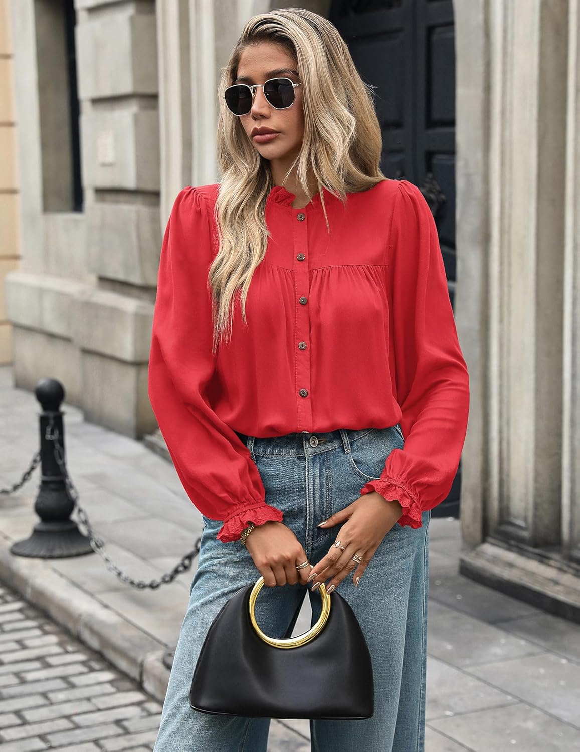 Women's Work Blouses Dressy Casual Button Down Long Puff Sleeve Elegant Retro Pleated Office Shirts Tunic Tops - Image 2