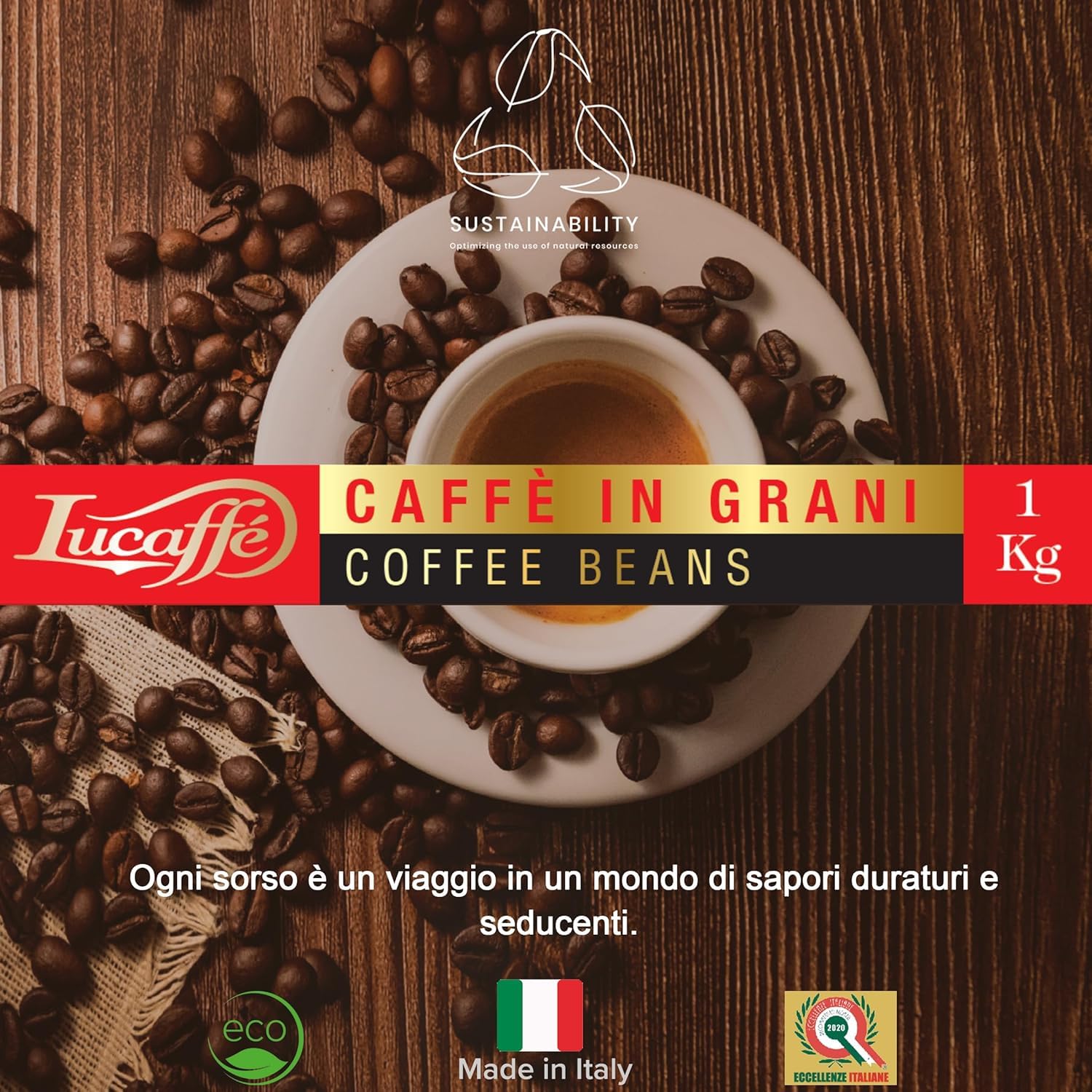 Lucaffé - Cafe en grano natural Decaffeinato, 4 bolsas de 700 Gr | Café en grano de especialidad italiana para espresso descafeinado | Tueste oscuro | Sabor dulce y afrutado, cremoso | Aroma intenso