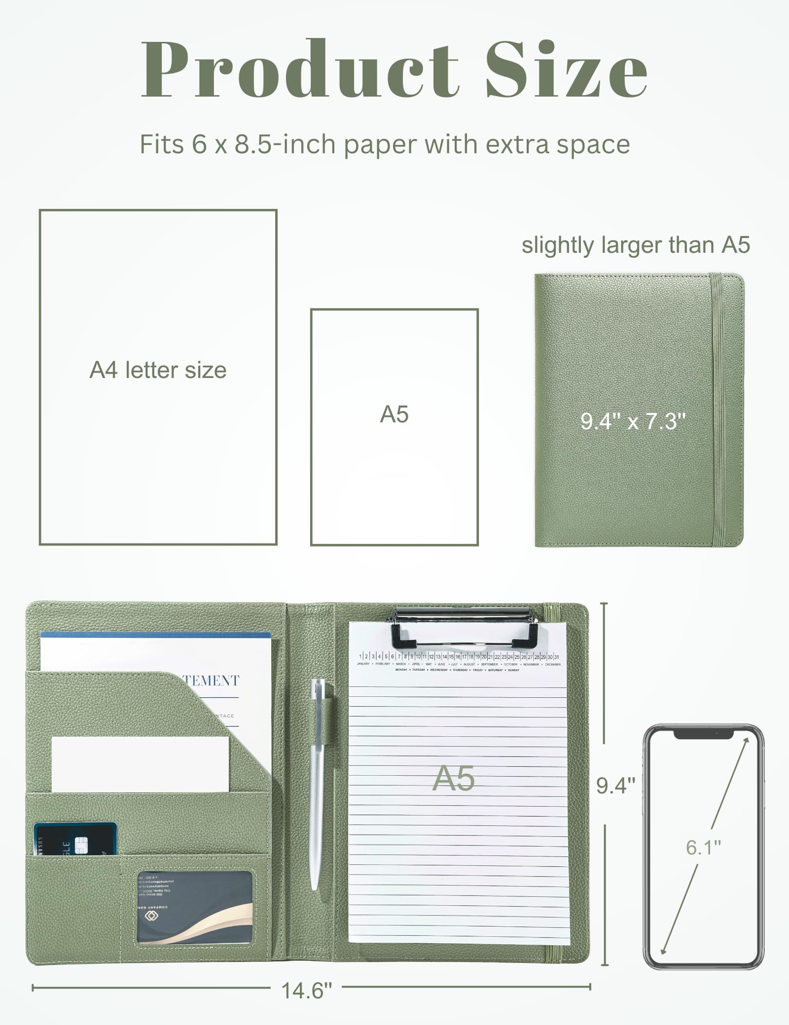 Mymazn Cartellina portadocumenti per bambini, formato A5, con copertina per blocco note da 12,7 x 20,3 cm, per ufficio, scuola, ufficio, uomini e donne (verde salvia)
