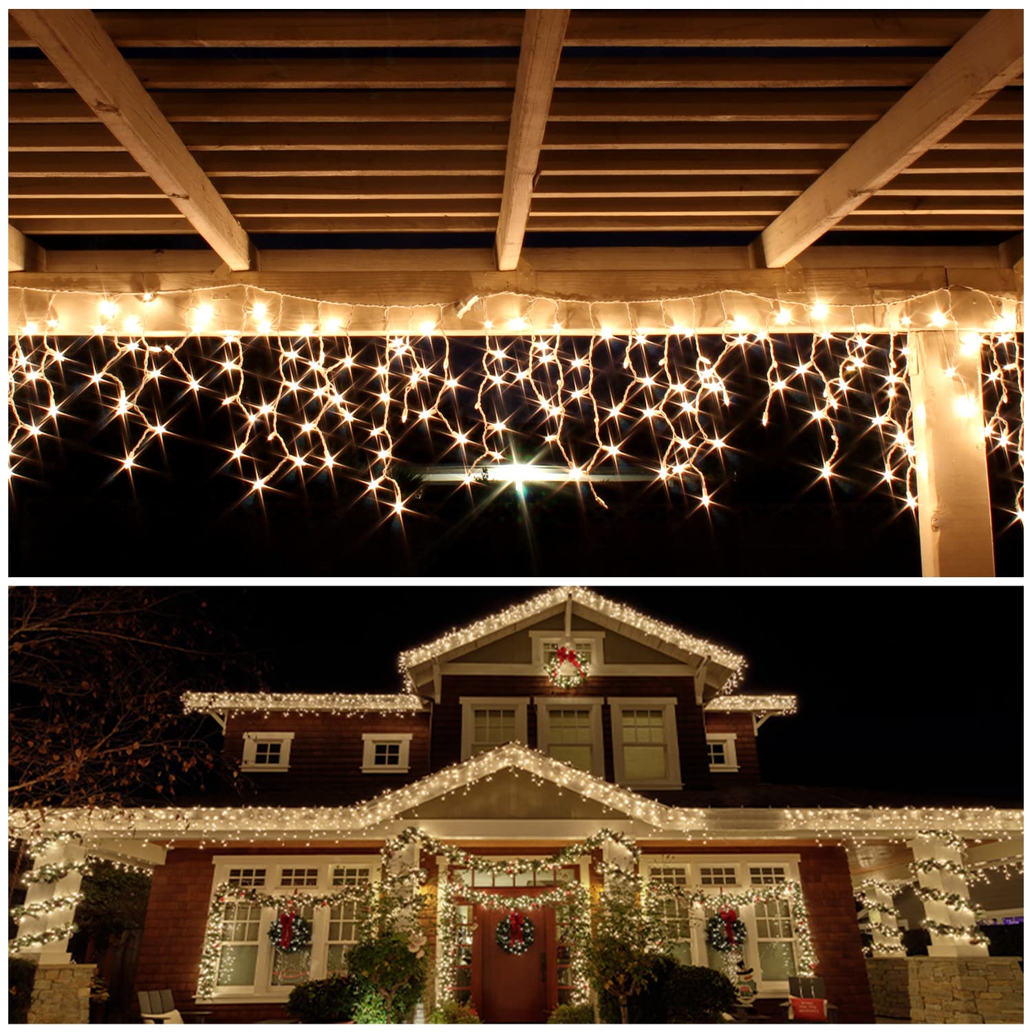 SALCAR 10m LED Lichtervorhang Außen, Eisregen Lichterkette Outdoor mit Fernbedienung und Timer, Weihnachtsbeleuchtung Innen Fenster 8 Modi, Warmweiß