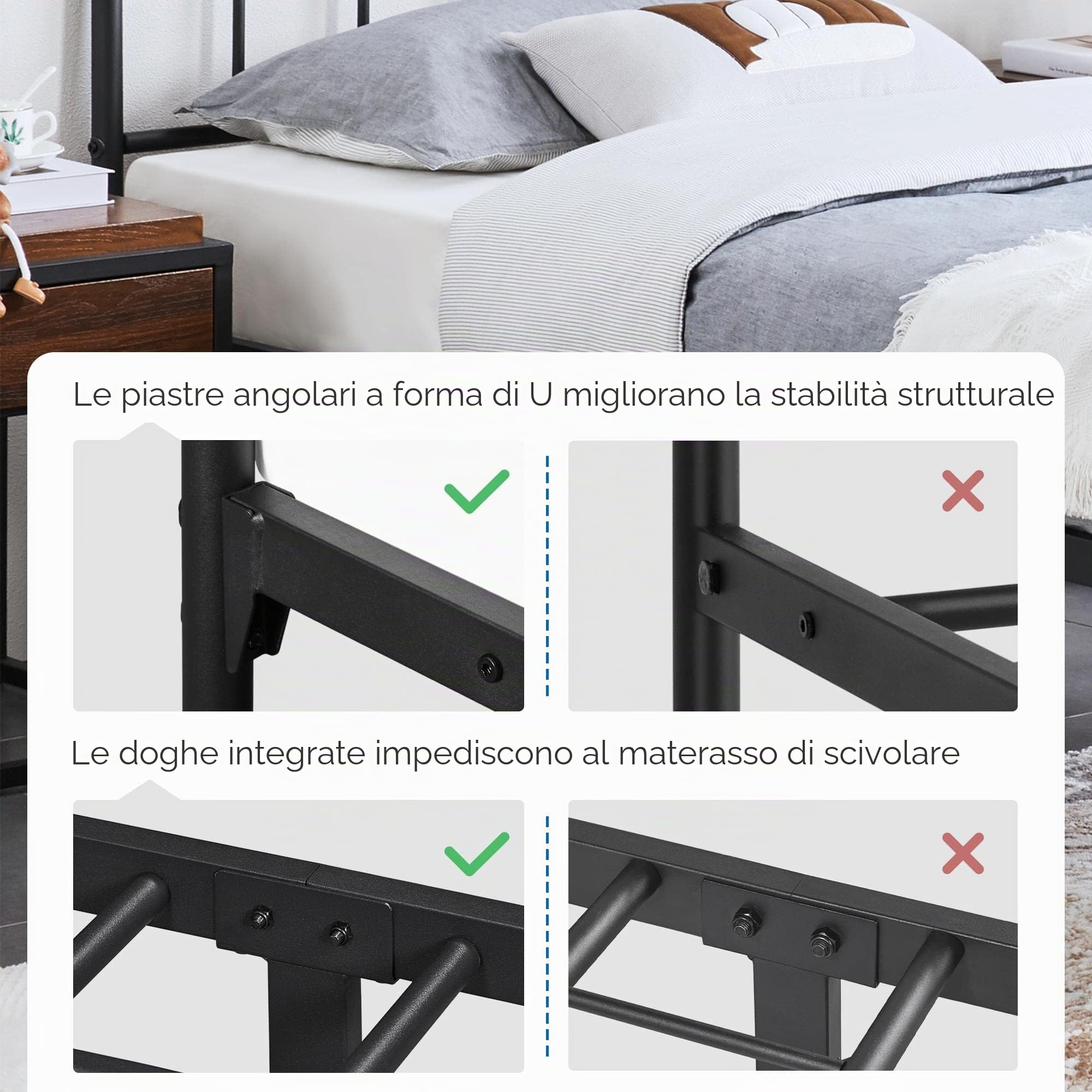 Yaheetech Struttura Letto Singolo in Ferro 90 x 200 cm Testiera Alta con Spazio Aggiuntivo per Camera da Letto Soggiorno Nera