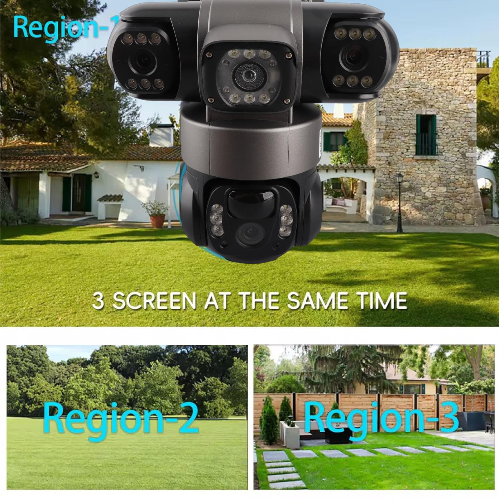 Eacam Cámara de Seguridad Inalámbrica Solar de Triple Lente, 3240x1920 Cámara Seguridad WiFi PTZ con Detección Movimiento AI 2MP con Zoom 10x, Rotación 270°, Batería d