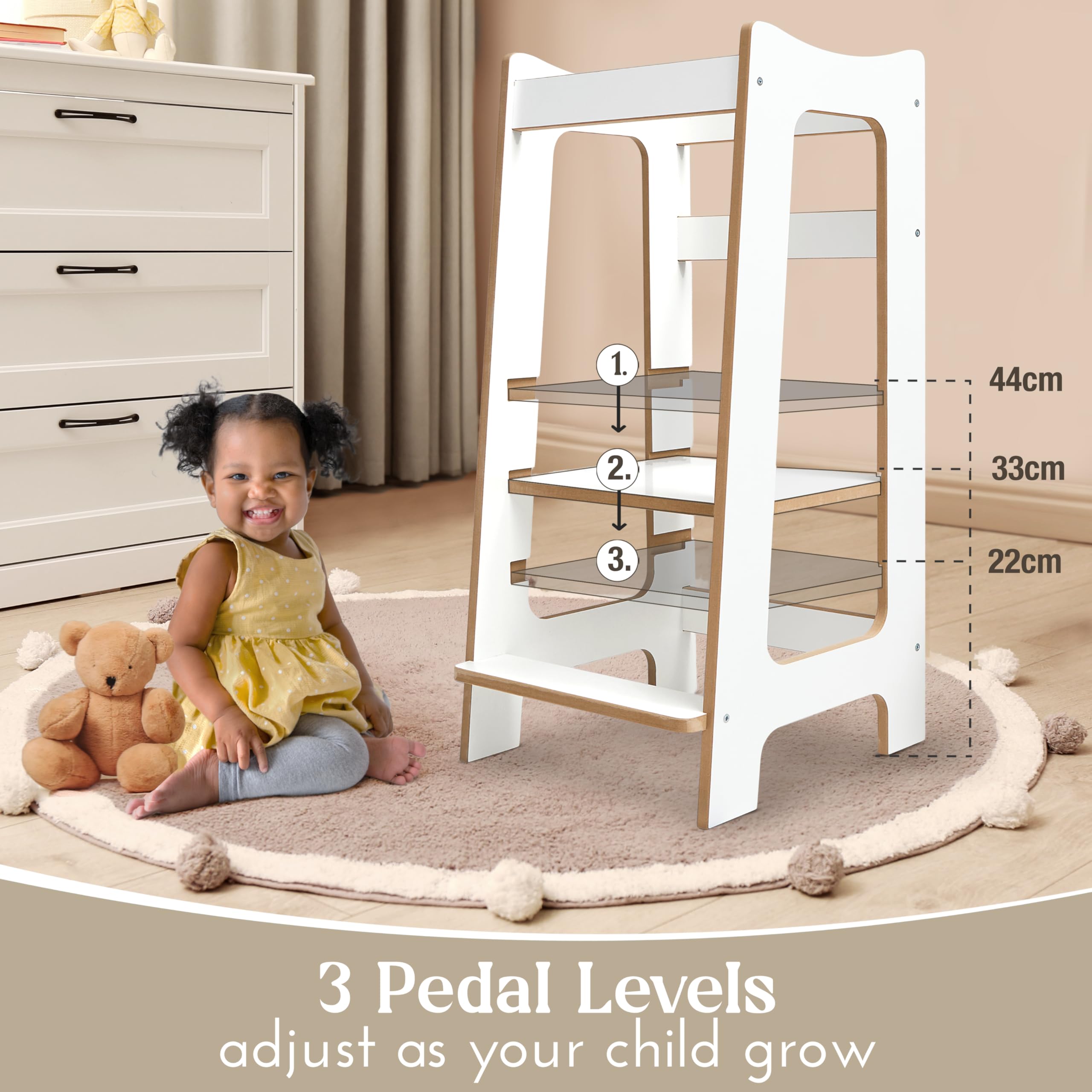 Torre de Aprendizaje Montessori 2 en 1 con Taburete Adicional – Torre de Aprendizaje Infantil Ajustable para Lavabo o baño, Blanco/Pino
