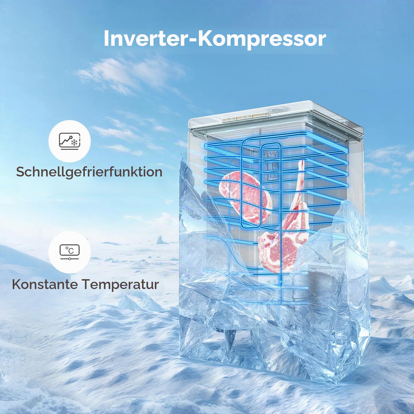 COMFEE' RCC146WH2EU(E) 143L Freistehender Gefrierschrank, Umwandlung zwischen Gefrierschrank und Kühlschrank, Inverter-Kompressor, geeignet für Außenanlagen, Garagen und Schuppen, Weiß