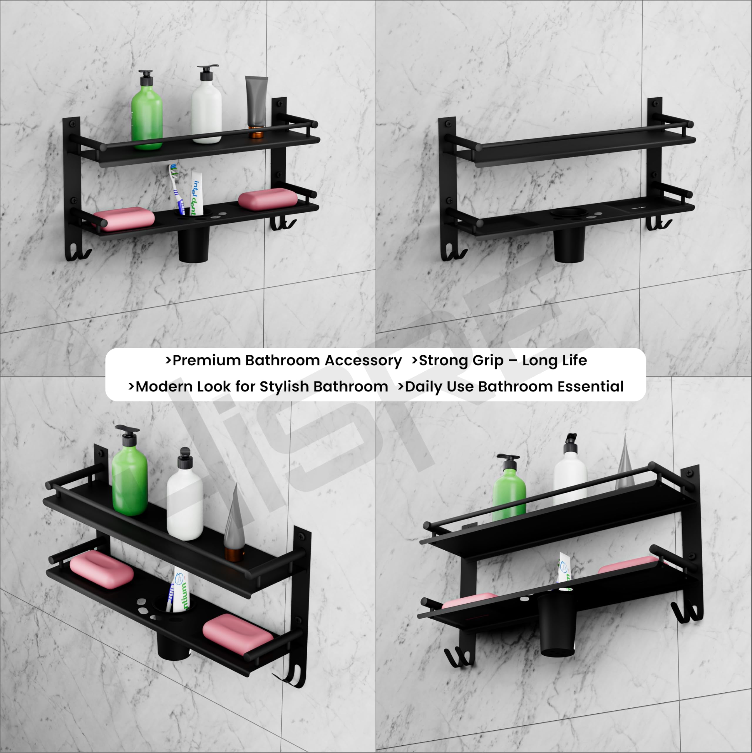 HISRE Wall-Mounted Double Layer Bathroom Shelf with Toothbrush Holder & Hooks | Stainless Steel Chrome Finish Glass Shelf Organizer for Shampoo, Soap & Toiletries (B114), photo 5 of 5