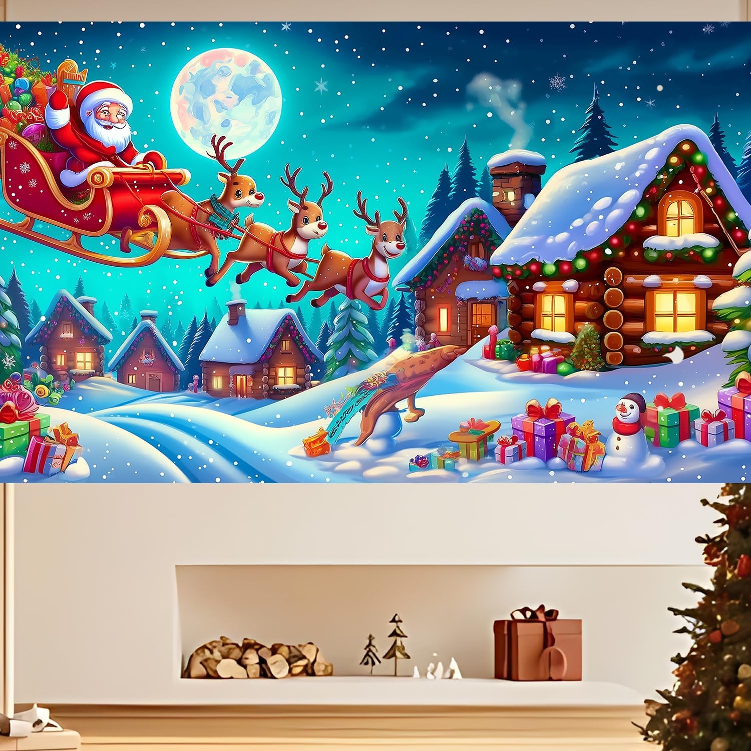 ANNA QUEEN Christmas Garage Door Cover 7 x 16 ft Decorations, Santa Sleigh Scene Garage Door Banner,Large Winter Xmas Banner Backdrop for 2 Car Garage Door Party Wall Door Decor
