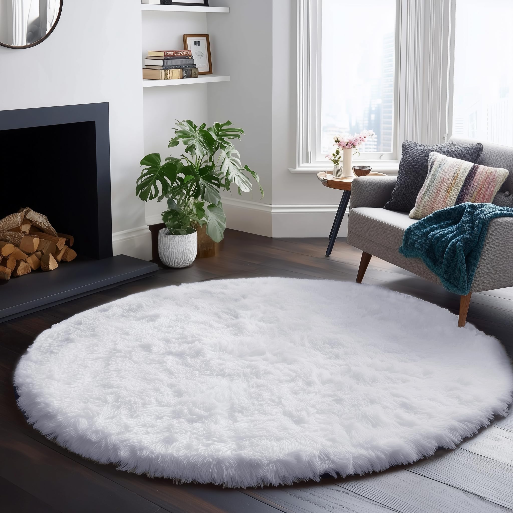 PAGISOFE Soft Round Rug 4Ft, Circle White Rugs for Girls Room Decor, Fluffy Carpets, Shaggy Nursery Rug,Comfy Circular Reading Carpets, Fuzzy Kids