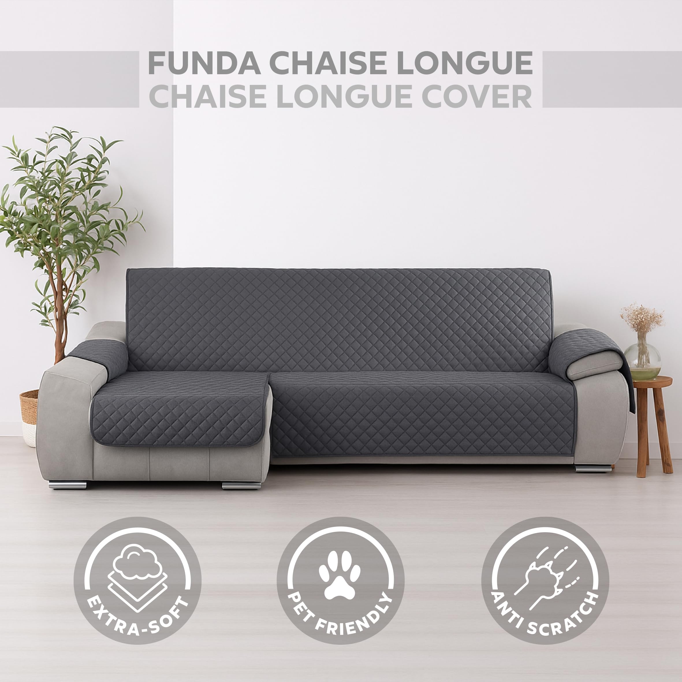 Textilhome Copri divano con Penisola Sinistra, Copridivano Chaise Longue CIRCUS – Salvadivano Trapuntato Universale con Bracciolo, Antimacchia, 200 cm, Grigio