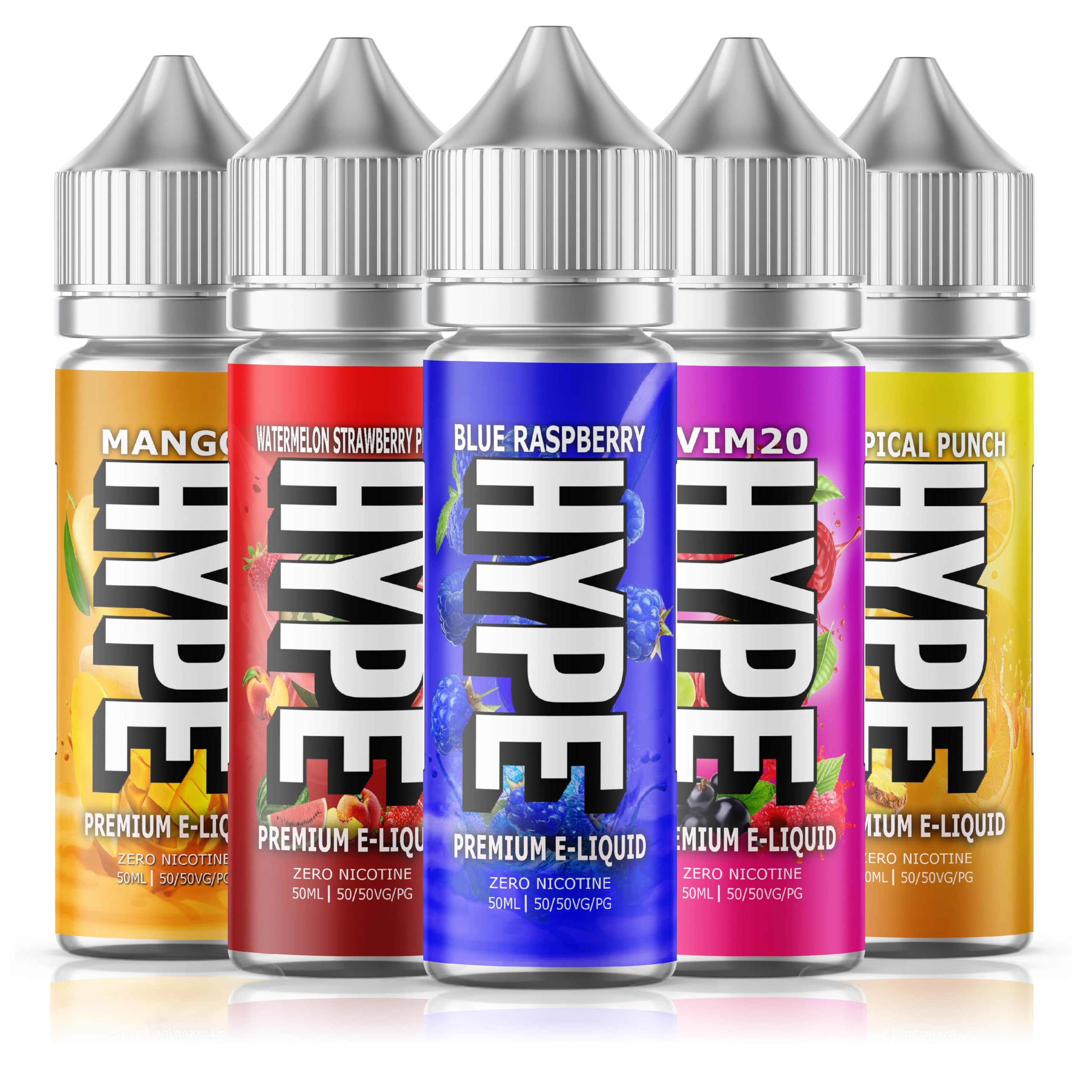 Hype Premium Eliquid 50ml - 5-Pack - 50/50 Nicotine Free Vape Juice - Blue Raspberry, Vim20, Watermelon & More