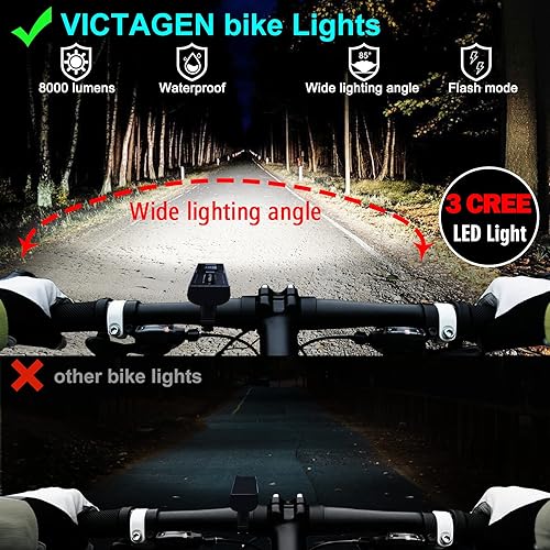 Miniatura 3 de Victagen Luces de bicicleta superbrillantes de 8000 lúmenes para conducción nocturna, 3 luces LED superbrillantes para faros de bicicletabicicleta
