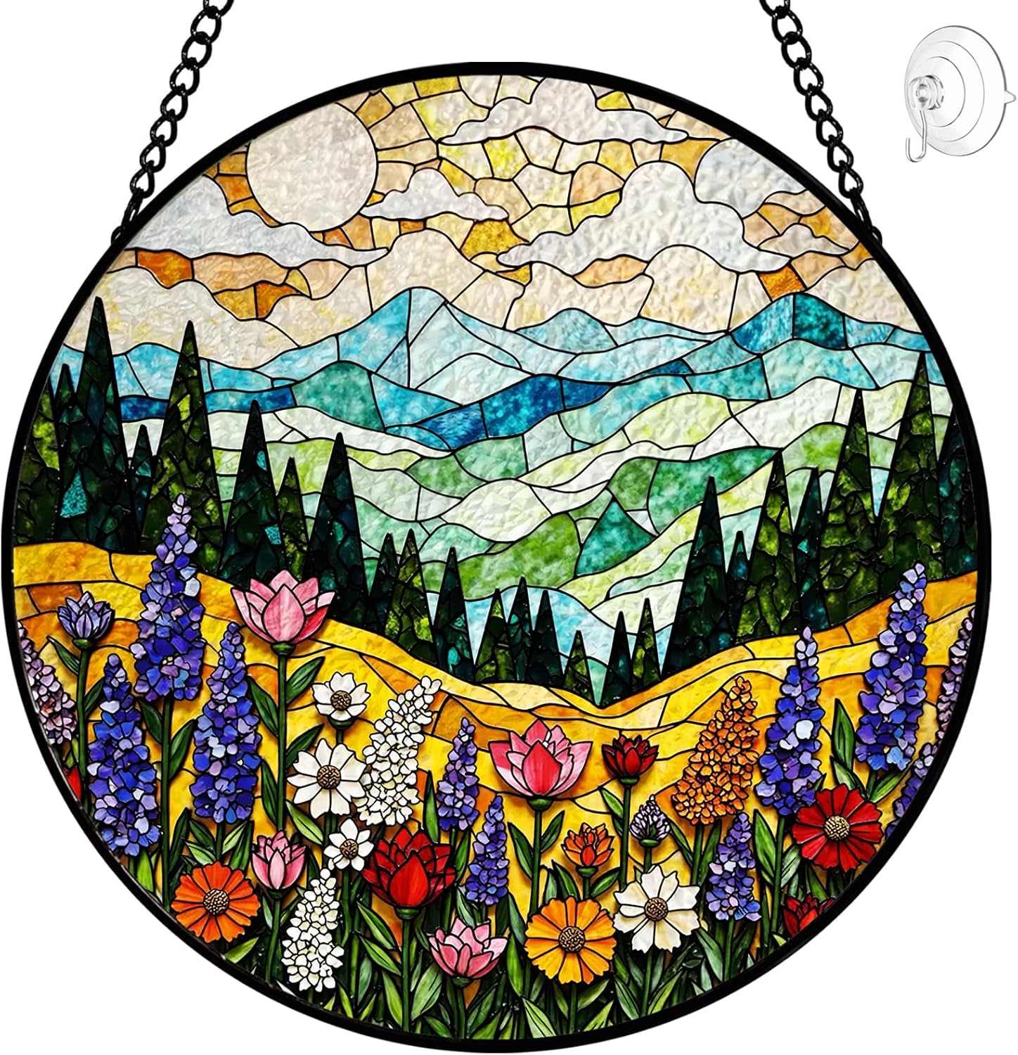 Mountain Wildflower Suncatcher Stained Glass Window Hanging - 8 Inch Plant Flower Suncatchers for Windows Hanging - Sun Catchers Indoor Outdoor Garden Decorations Glass Panel Gift for Women Mom Lovers
