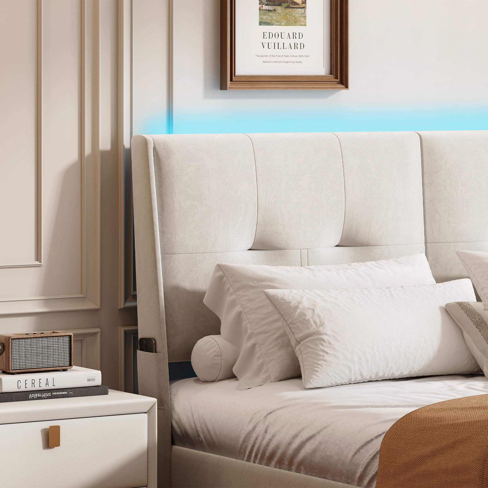 BRILVERDE Cama Tapizada 160x200 con Almacenamiento, Cama matrimonial con cajones, Cama Nido con LED, Cabecero Acolchado y Base de Láminas, Terciopelo (Beige, 160 x 200 cm)
