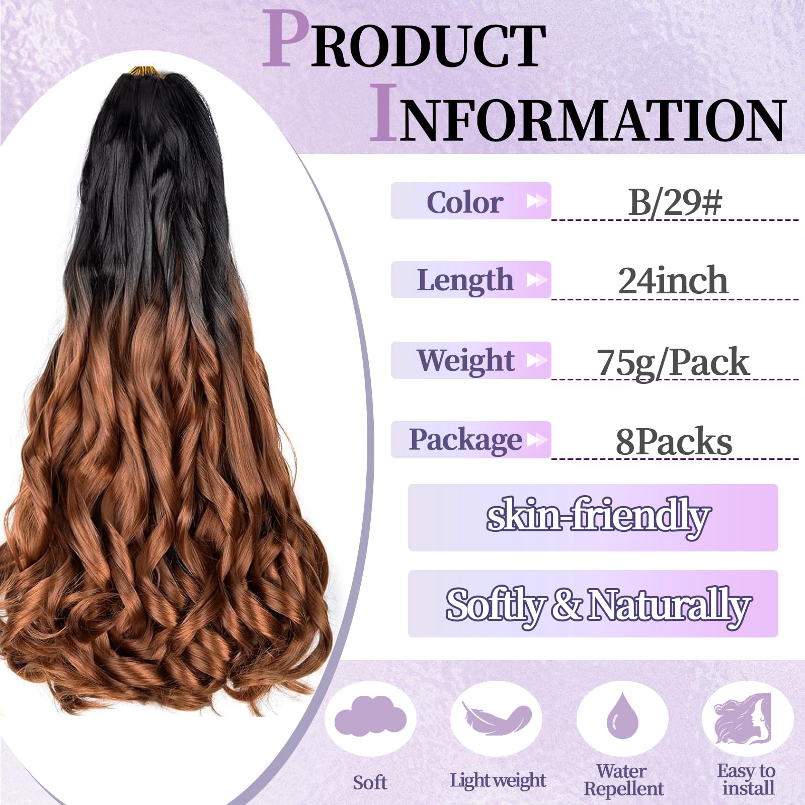 Locescsoc 24 Inch French Curls Braiding Hair 8 Packs Spanish Curly Braids Pre Stretched Loose Wave Soft French Curl Synthetic Braiding Hair Extensions for Women (B29 - Image 2