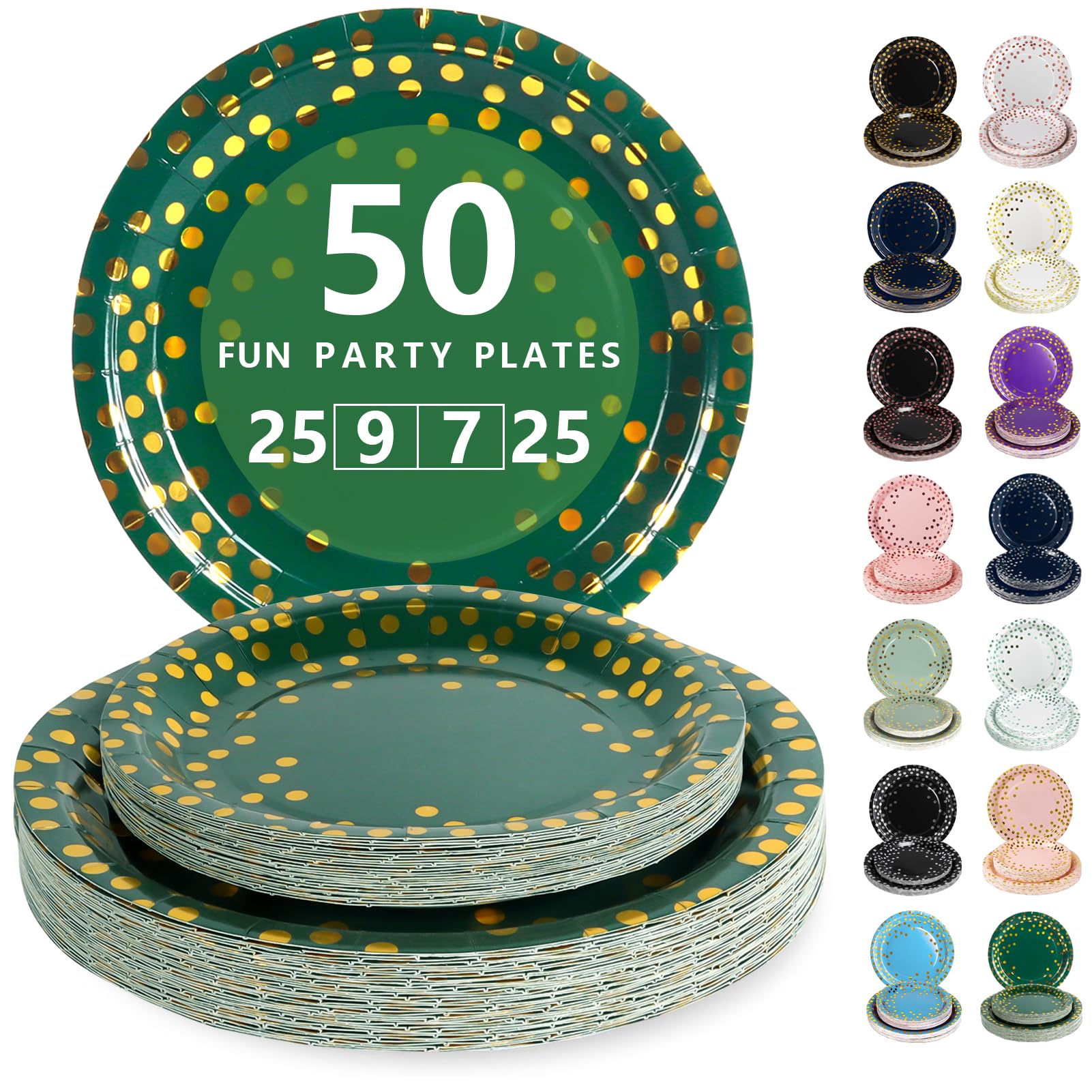 Nkaiso Disposable Paper Plates 50 Pack, Dark Green and Gold Party Plates Dinner Set - 25x9inch & 25x7inch Plate Elegant Disposable Tableware for Birthday, Wedding, Christmas Party Supplies — image 1