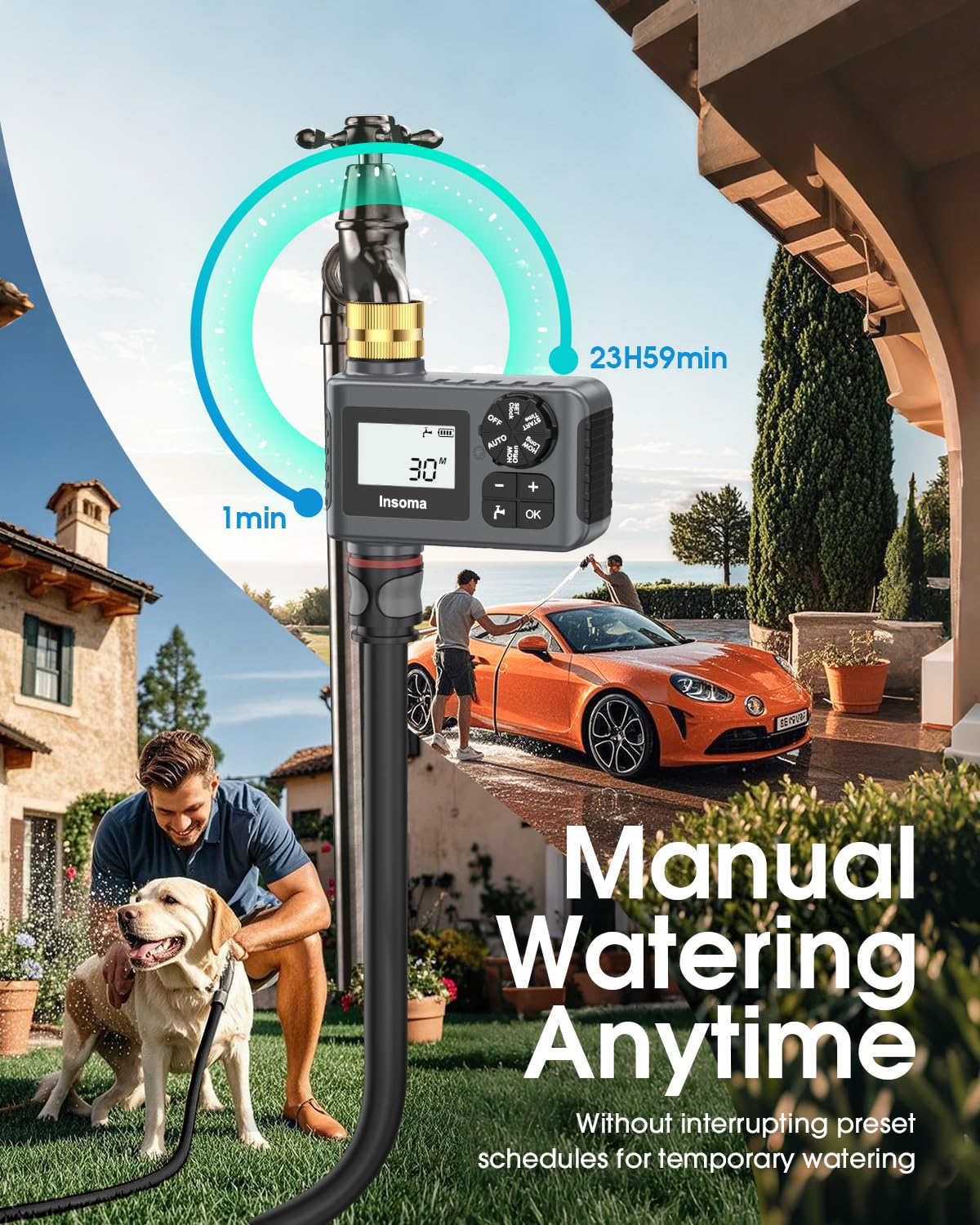 Temporizador de agua para manguera de jardín al aire libre, temporizador de manguera con retardo de lluvia/modo manual, sistema de controlador automático de riego por goteo para riego de césped, patio