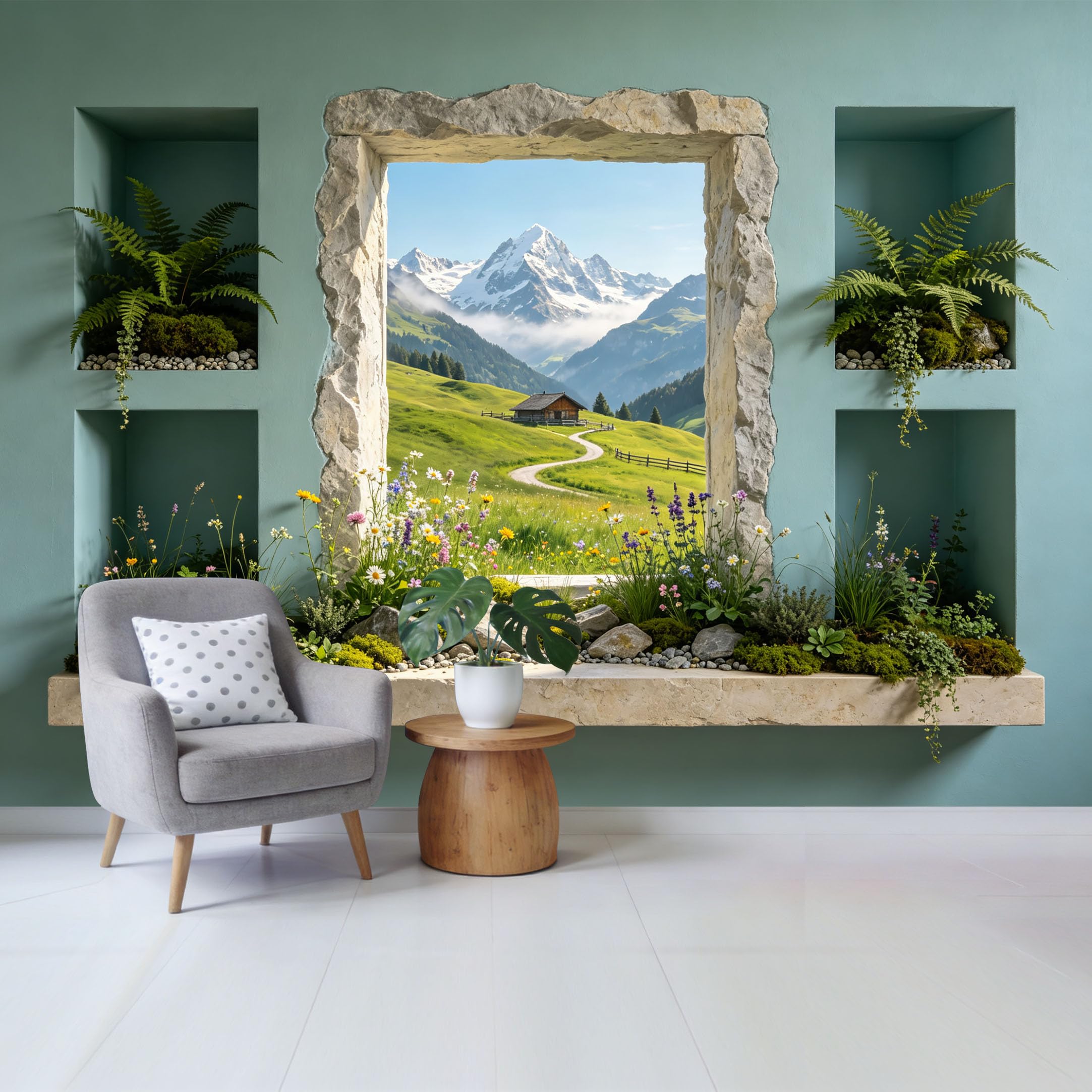 Custom Size Wall Mural Mountain Lake Landscape Window View 3D Trompe L'Oeil Removable Self Adhesive Fabric Home Wall Decor for Living Room Bedroom Bathroom
