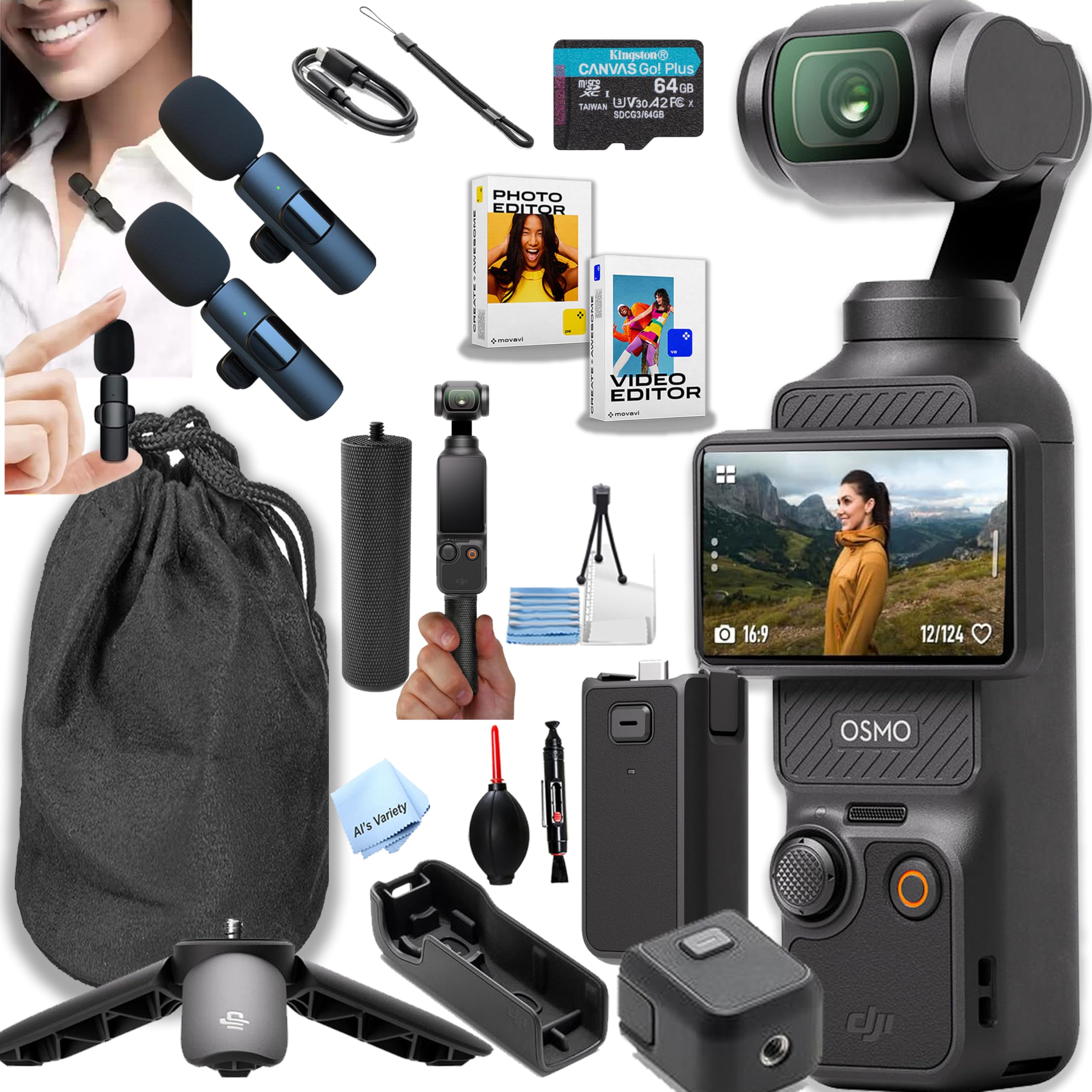 DJI Osmo Pocket 3, Vlogging Camera, 4K/120fps Vlog Camera, 3-Axis Stabilization, Face/Object Tracking, + 64GB Memory, 2pc Mic, Battery, Hand Grip Software + More (Podcast Vlogging Bundle)