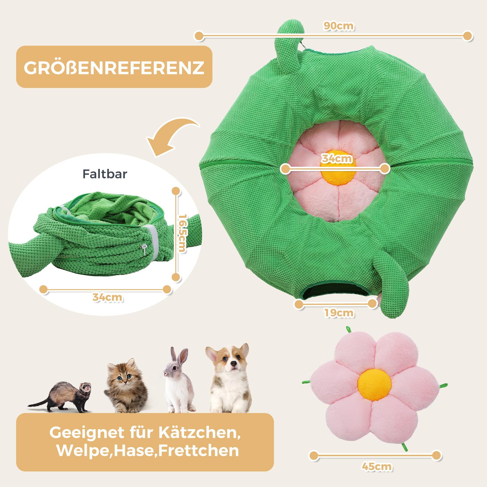 PETEPELA Katzentunnel, Kaktus-Katzen-Donut-Tunnel, zusammenklappbarer Katzentunnel, Durchmesser 90cm mit Blumen-Weichmatte für Wohnungskatzen