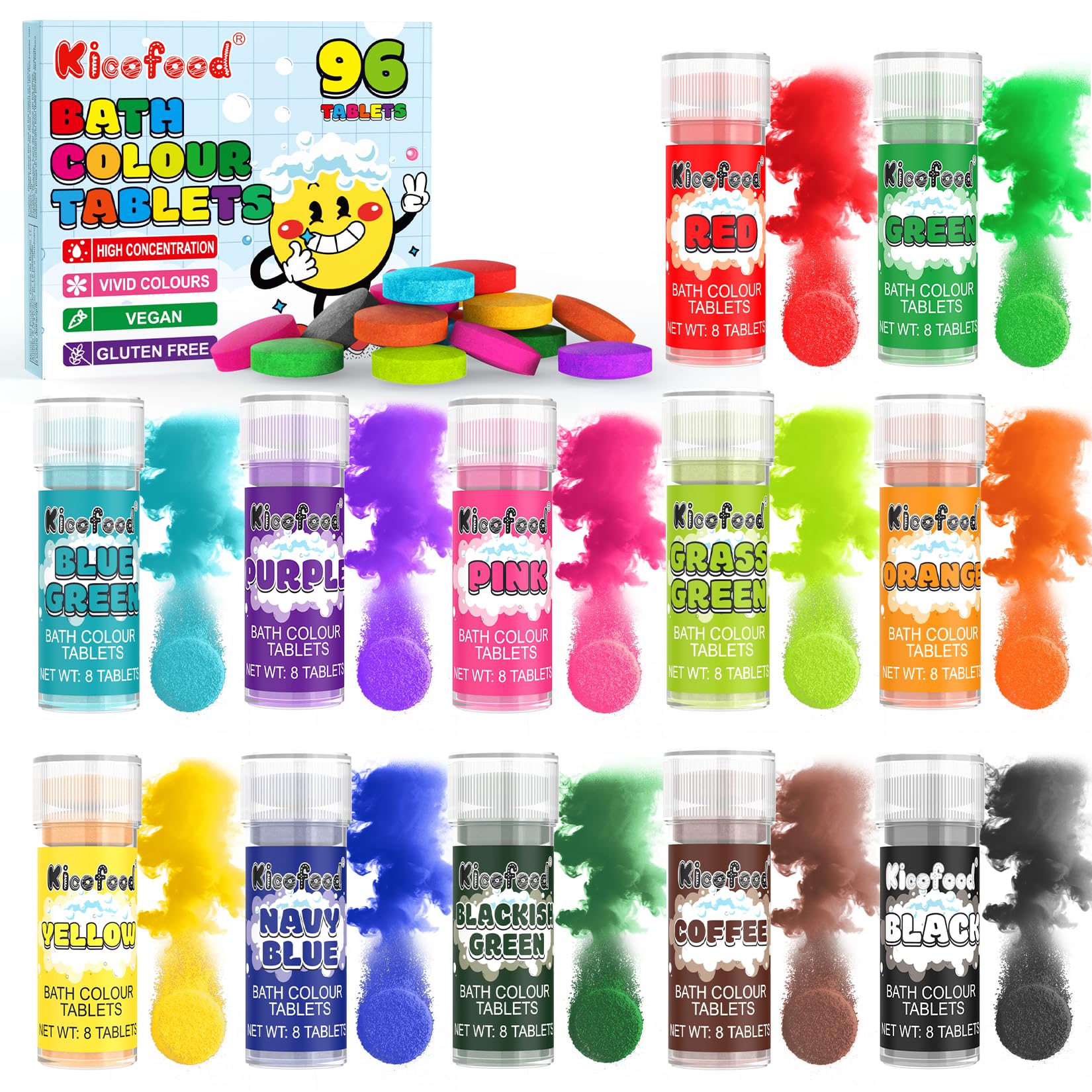Bath Colour Tablets for Kids - 96 Count Food Grade Bath Fizzers for Kids, 12 Colours No Fragrance Colour Changing Bath Bombs for Kids, Fun Educational Bathtime - 12 Packets