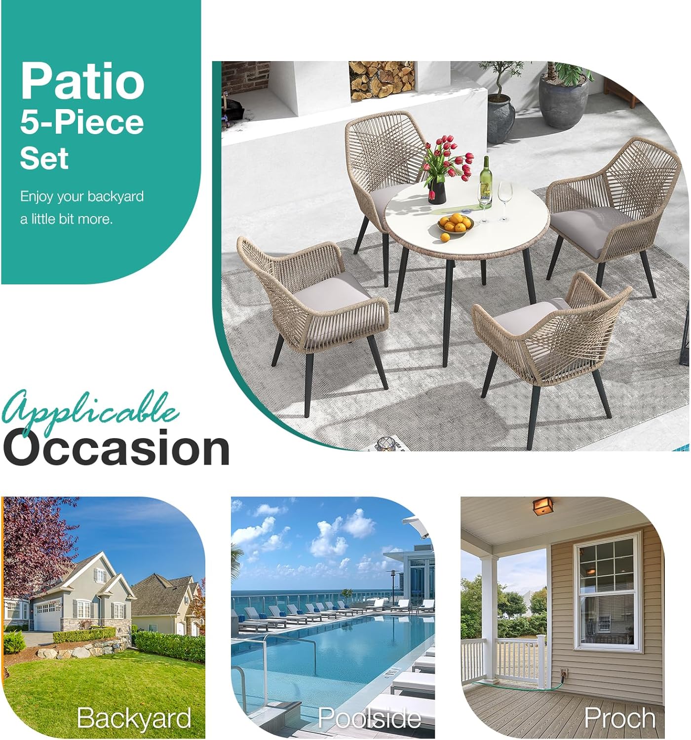 Patiorama 5-Piece Patio Dining Set, Outdoor Dining Table Chair Set, All-Weather Twisted Rattan Wicker Rope Conversation Set, Patio Furniture Set w/Umbrella Hole,Cushioned Chairs&Table(Tan&Cross Back)