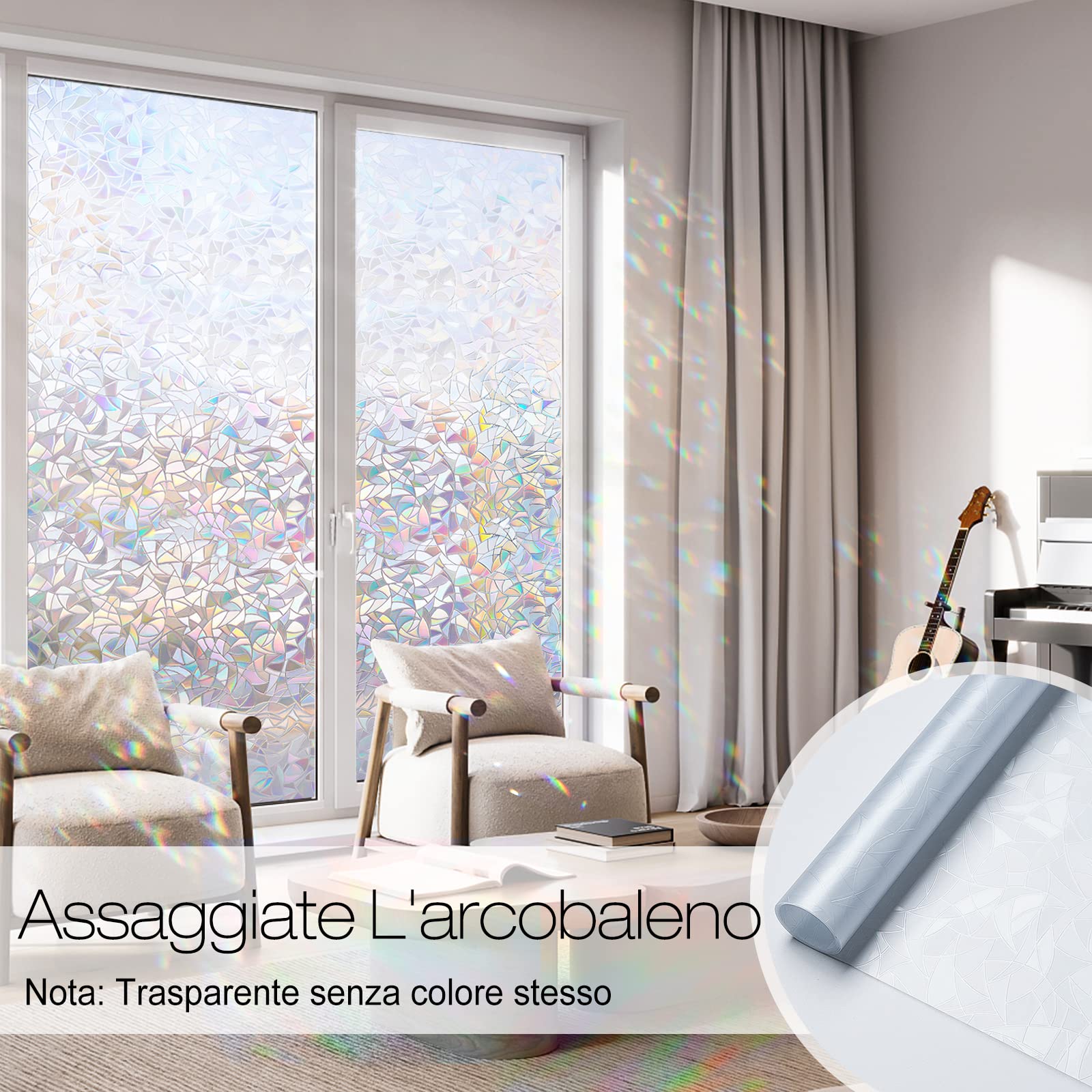 rabbitgoo Pellicola per Vetri Finestre 44.5x200cm, Pellicola Privacy Finestre 3D Arcobaleno Geometrica Decorativa Autoadesiva, Anti-UV e Controllo del Calore per Casa, Cucina e Ufficio