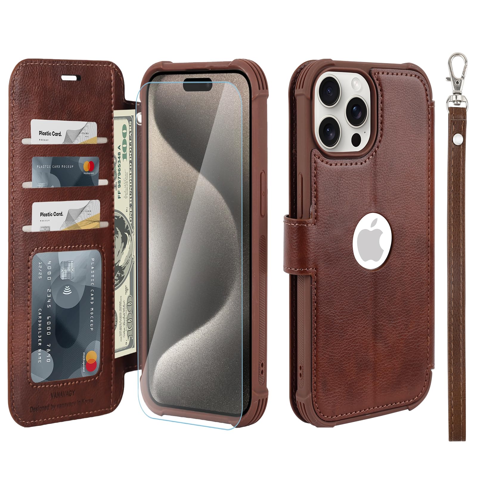 VANAVAGY Compatible for iPhone 15 Pro Max Wallet Case, PU Leather Flip Cover with Wrist Strap for Wireless Charging with RFID Blocking Card Holder,[