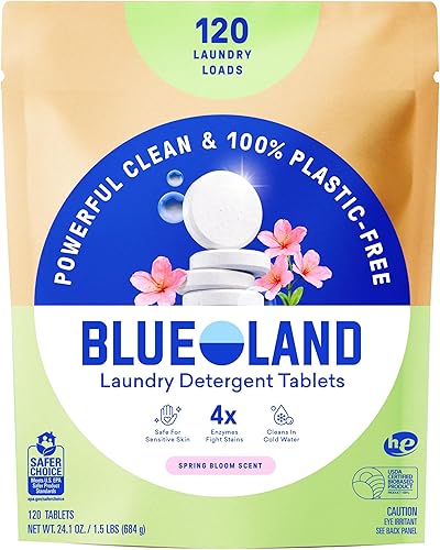 BLUELAND Tabletas de detergente para ropa, 120 unidades, aroma Spring Bloom, cápsulas ecológicas sin plástico, hojas, alternativa líquida, seguras