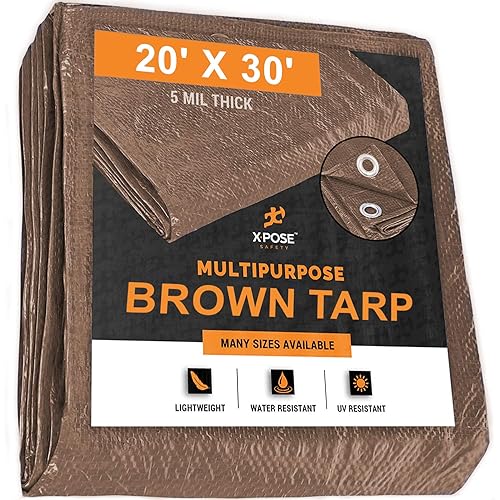 Multipurpose Protective Cover Brown Poly Tarp 20' x 30' - Durable, Water Resistant, Weather Resistant - 5 Mil Thick Polyethylene - by Xpose Safety