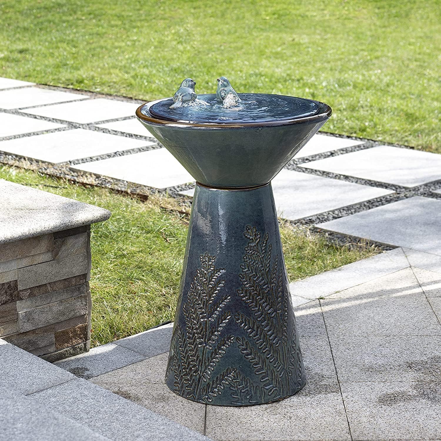 Glitzhome 27.5" H Ceramic Garden Water Fountain with LED Light and Pump Bird Bath Fountain Outdoor Turquoise Embossed Pattern Pedestal Freestanding Water Fountain for Yard Floor Patio Backyard
