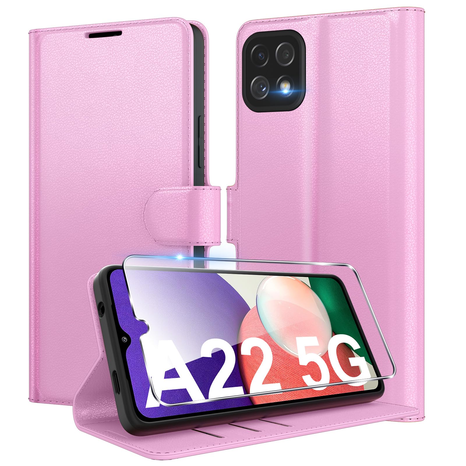 Eirltiy Cover per Samsung Galaxy A22 5G Portafoglio Pelle PU Premium, Custodia Scomparti Carte Antiurto Protettiva Case con 1 Vetro Temperato, Rosa