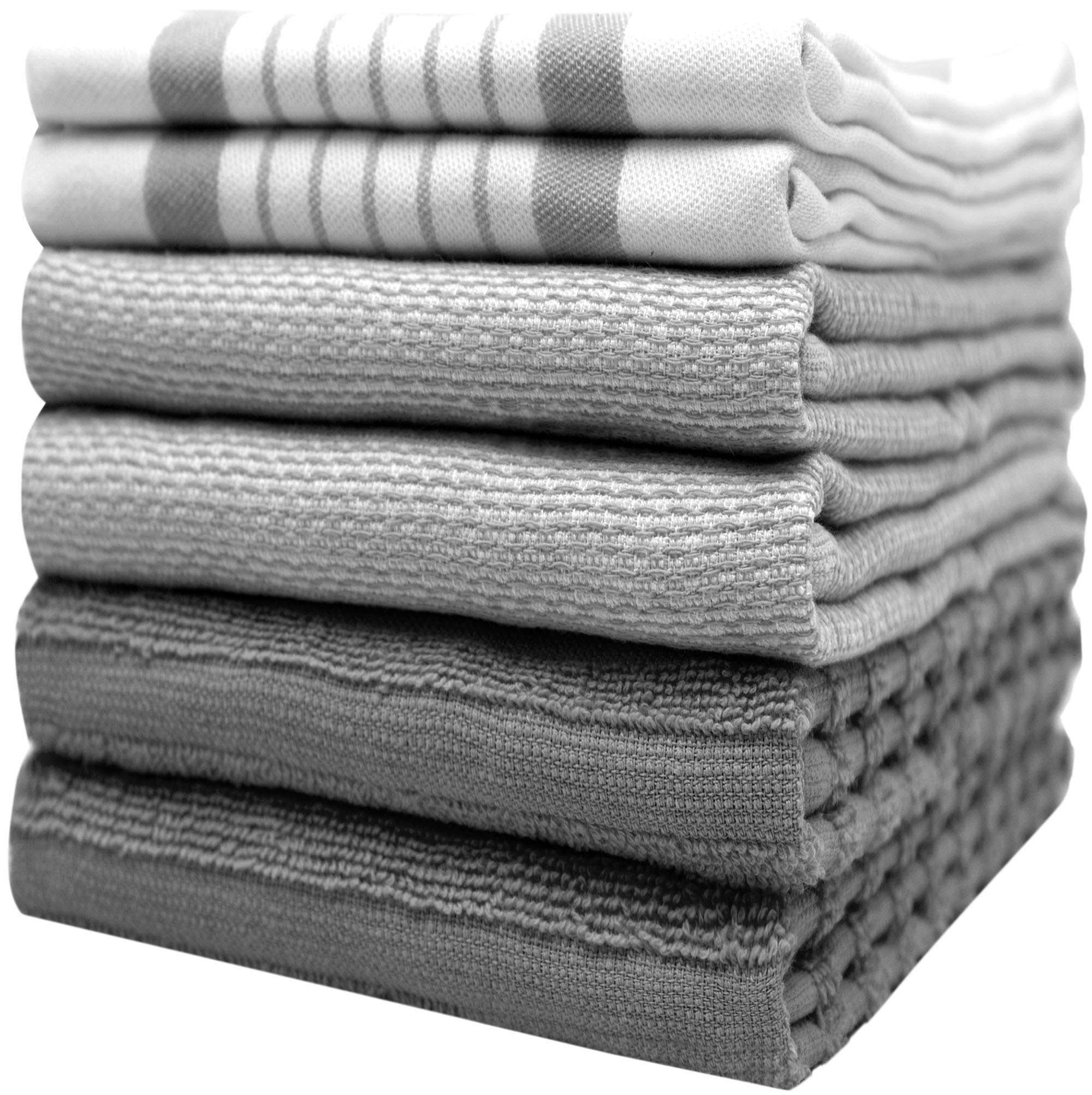 Premium Kitchen Towels 20”x 28”- 6 Pack| Large Cotton Kitchen Towels | Hand Towels for Kitchen | Flat & Terry Towel | Dish Towels | Highly Absorbent Tea Towels Set with Hanging Loop | Grey Striped