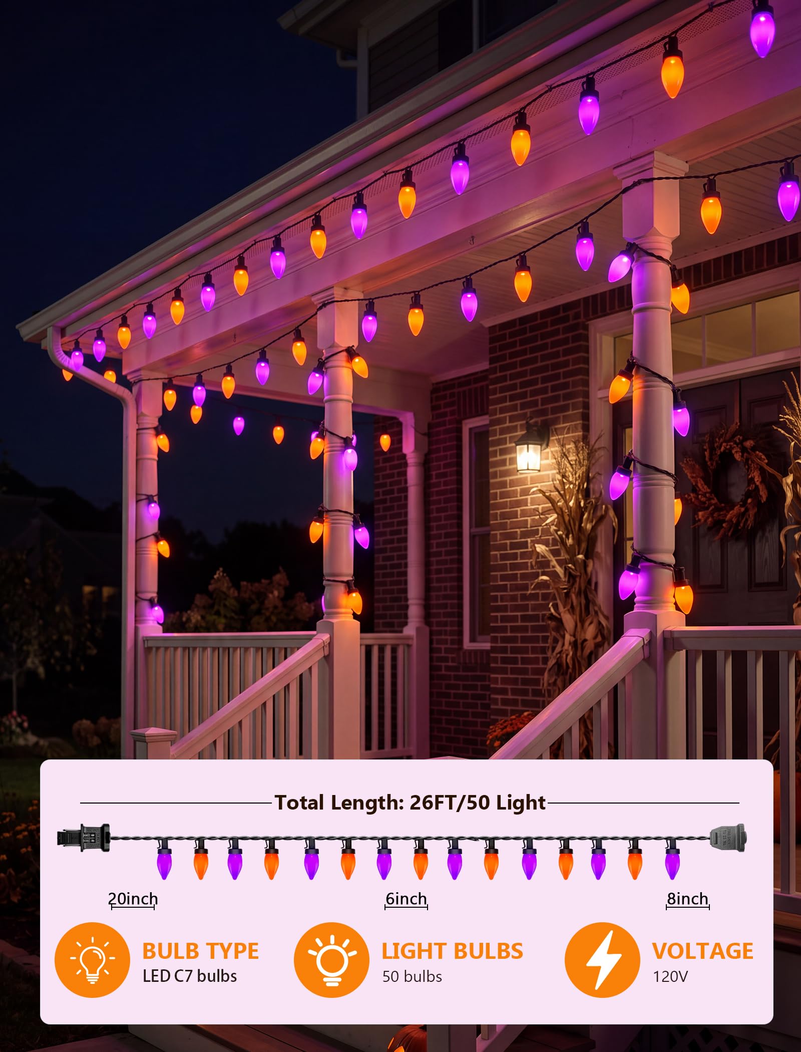 Guirlande lumineuse d'extérieur de 8 m avec 50 ampoules LED C7 et 2 de rechange, étanchéité IP44, certifiée UL pour décorations d'Halloween et de Noël (violet et orange)