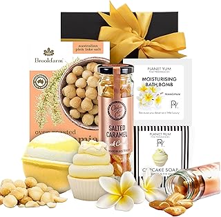 Gifts for Women Frangipani Pamper Hamper Gift Set. Planet Yum Frangipani Bath Bomb & Cupcake Soap, Brookfarm Oven-roasted ...