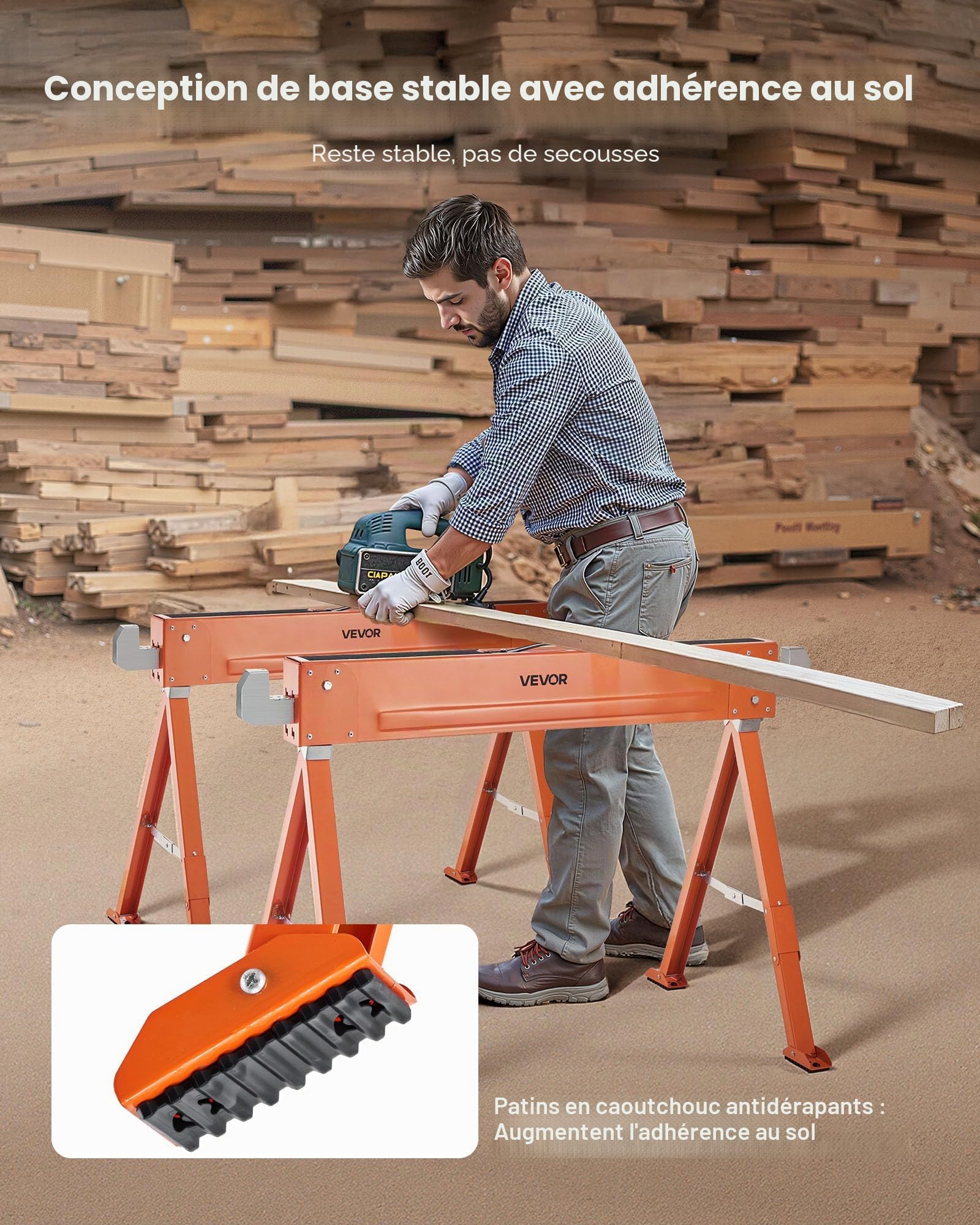 VEVOR Chevalet de Sciage, Lot de 2, Tréteau de Sciage Pliable, Capacité de Charge 600 kg, avec Pieds Robustes, Patins Antidérapants, Outil Tout en Métal pour Menuiserie, Menuisiers, Bricoleurs Bois