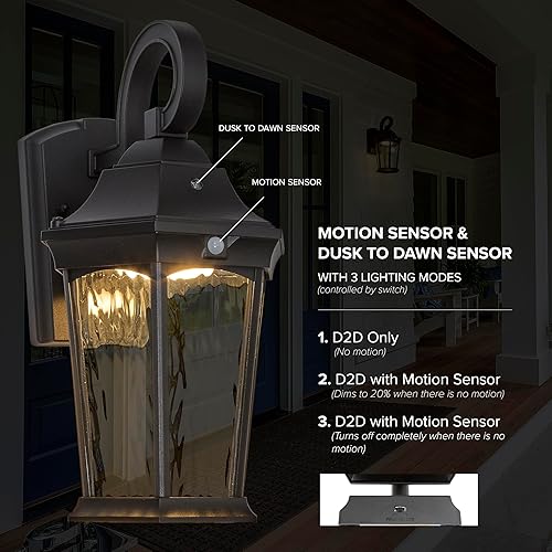 Miniatura 6 de Maxxima Luz LED de pared con sensor de movimiento para exteriores, 3 modos de iluminación, sensor de atardecer a amanecer, negro con vidrio de agua