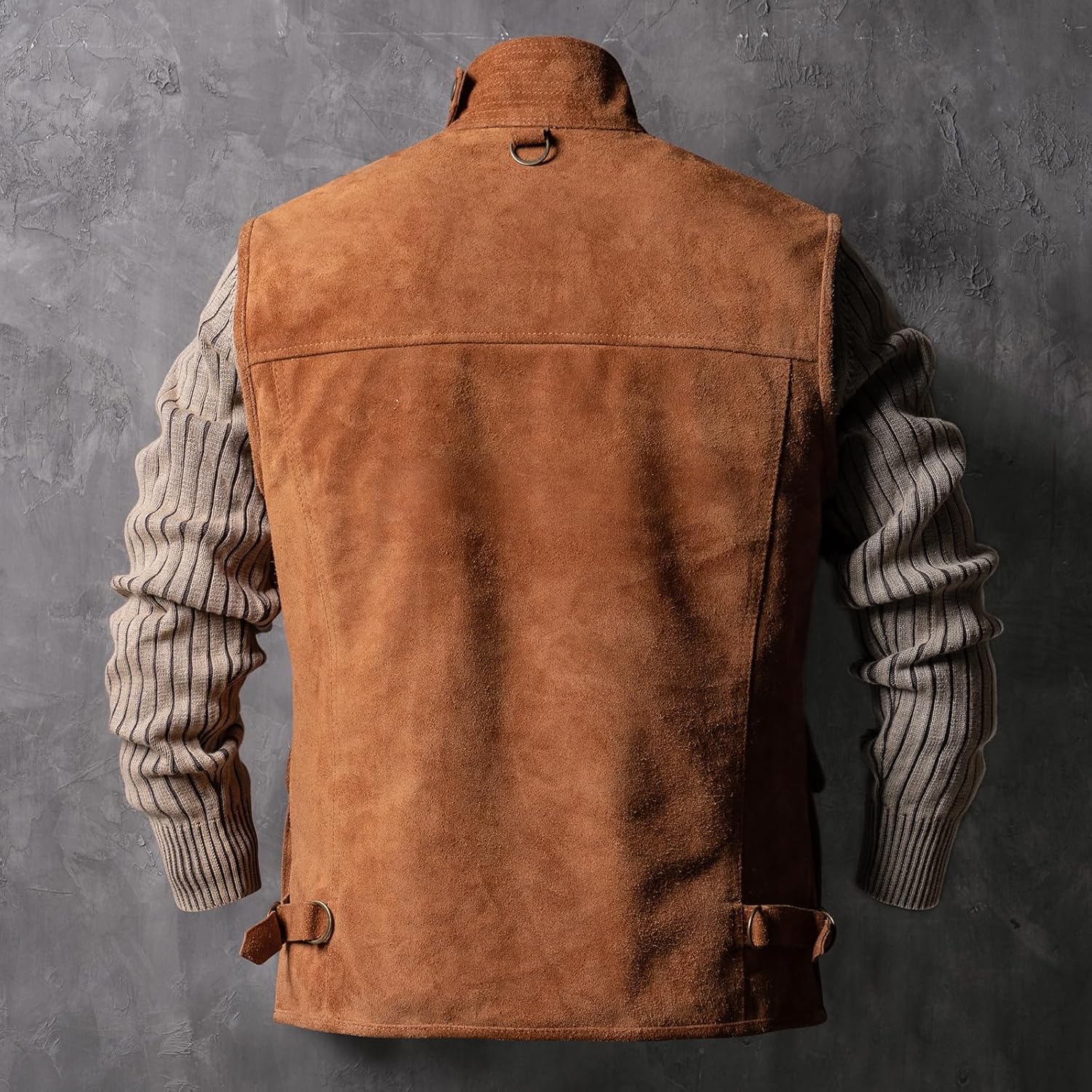 Mens Vintage Genuine Cowhide Leather Suede Club Style Sleeveless Motorcycle Vest Brown Gilet