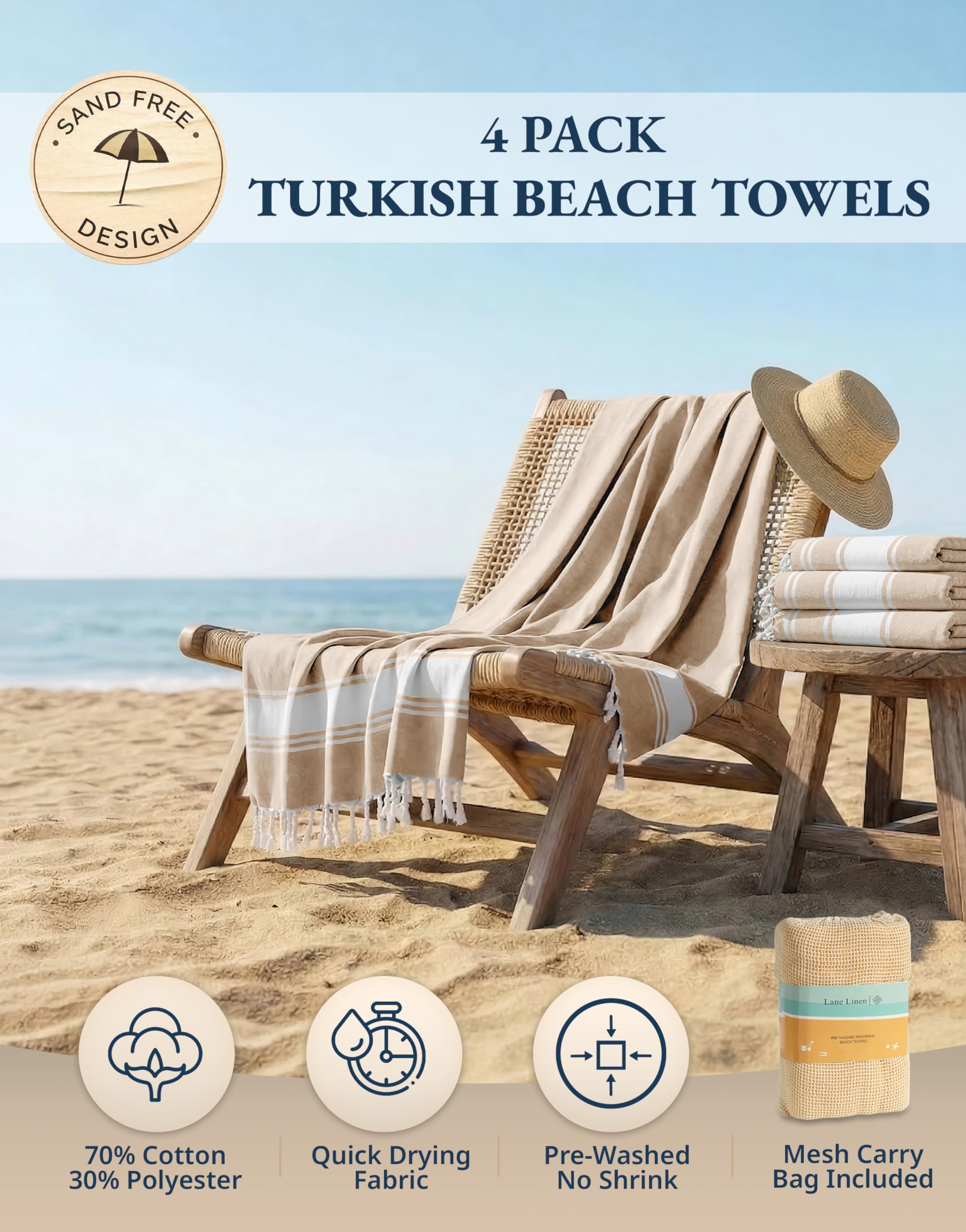 LANE LINEN Confezione da 4 teli mare oversize per adulti, teli mare leggeri da viaggio, prelavati per una sensazione morbida alla mano, asciugamani da spiaggia ad asciugatura rapida, 99 x 180 cm