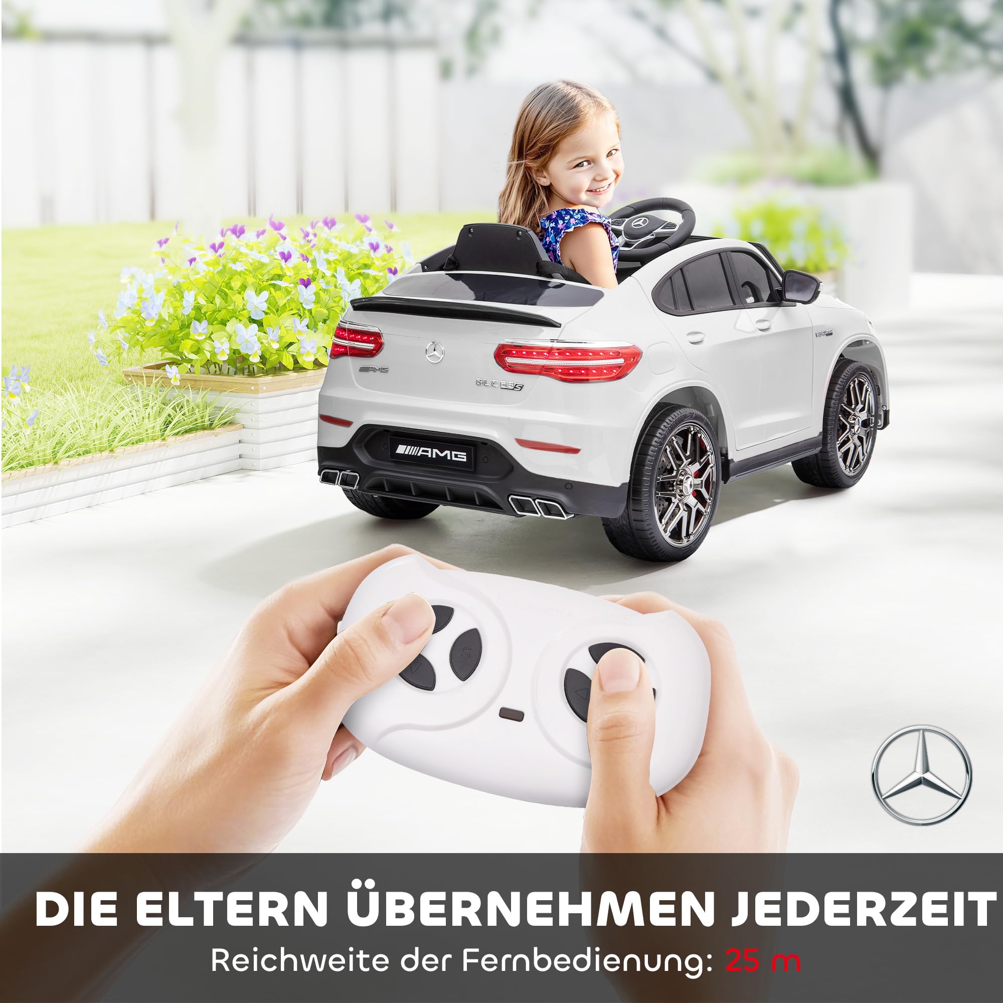 HOMCOM Kinderfahrzeug 12V Mercedes-Benz AMG GLC63S Coupe Weiß | Elektroauto mit Fernbedienung Sicherheitsgurt 2 x 35W Motoren MP3 37-60 Monate Schwarz 115 x 70 x 55 cm