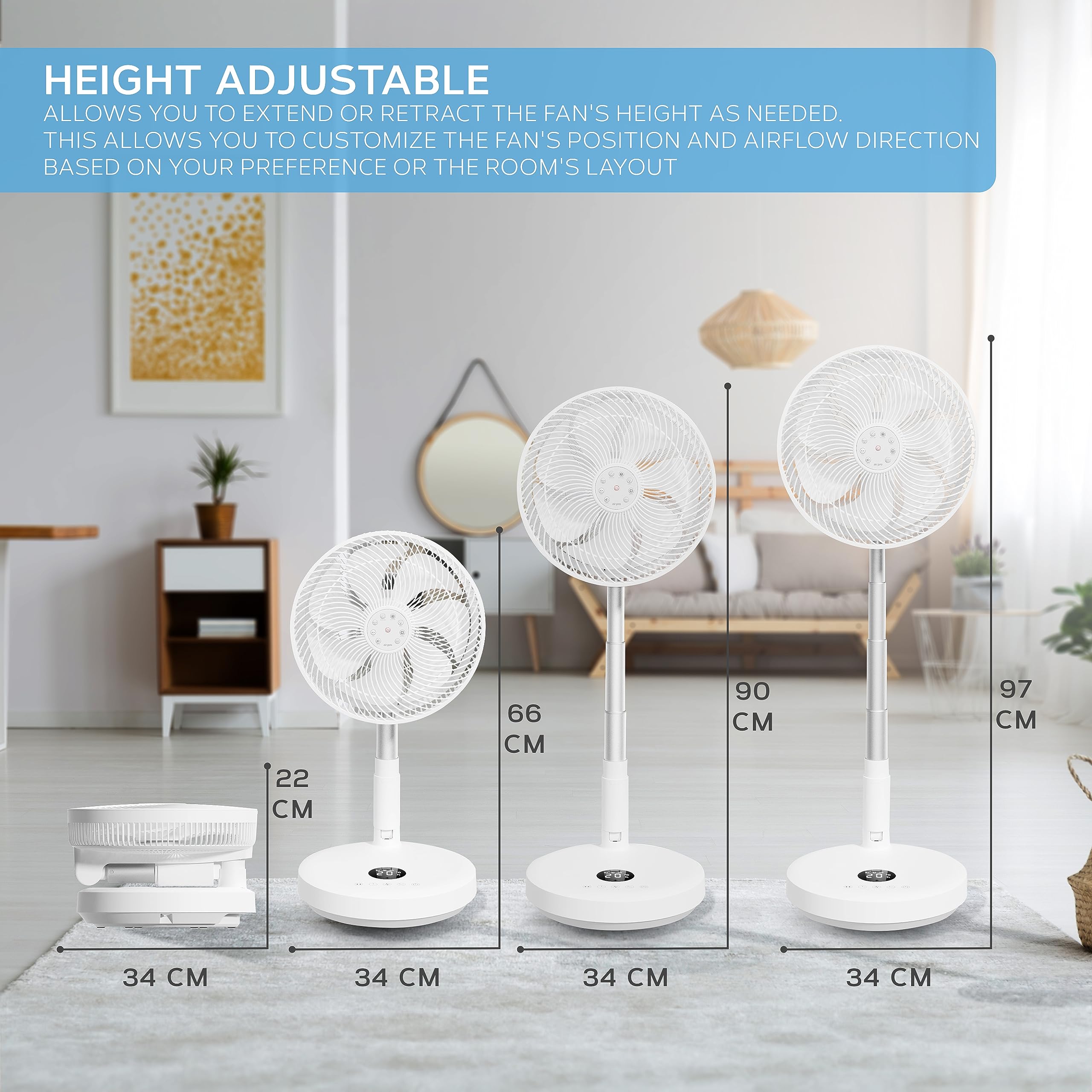 Air Pro 16" Pedestal Fan Oscillating Fan 50W Ultra Quiet Air Cooling & Circulator 50” Tall Adjustable Height Cooling Fan 3 Speeds 70° Oscillation Variable Tilt Suitable for Office Home Bedroom