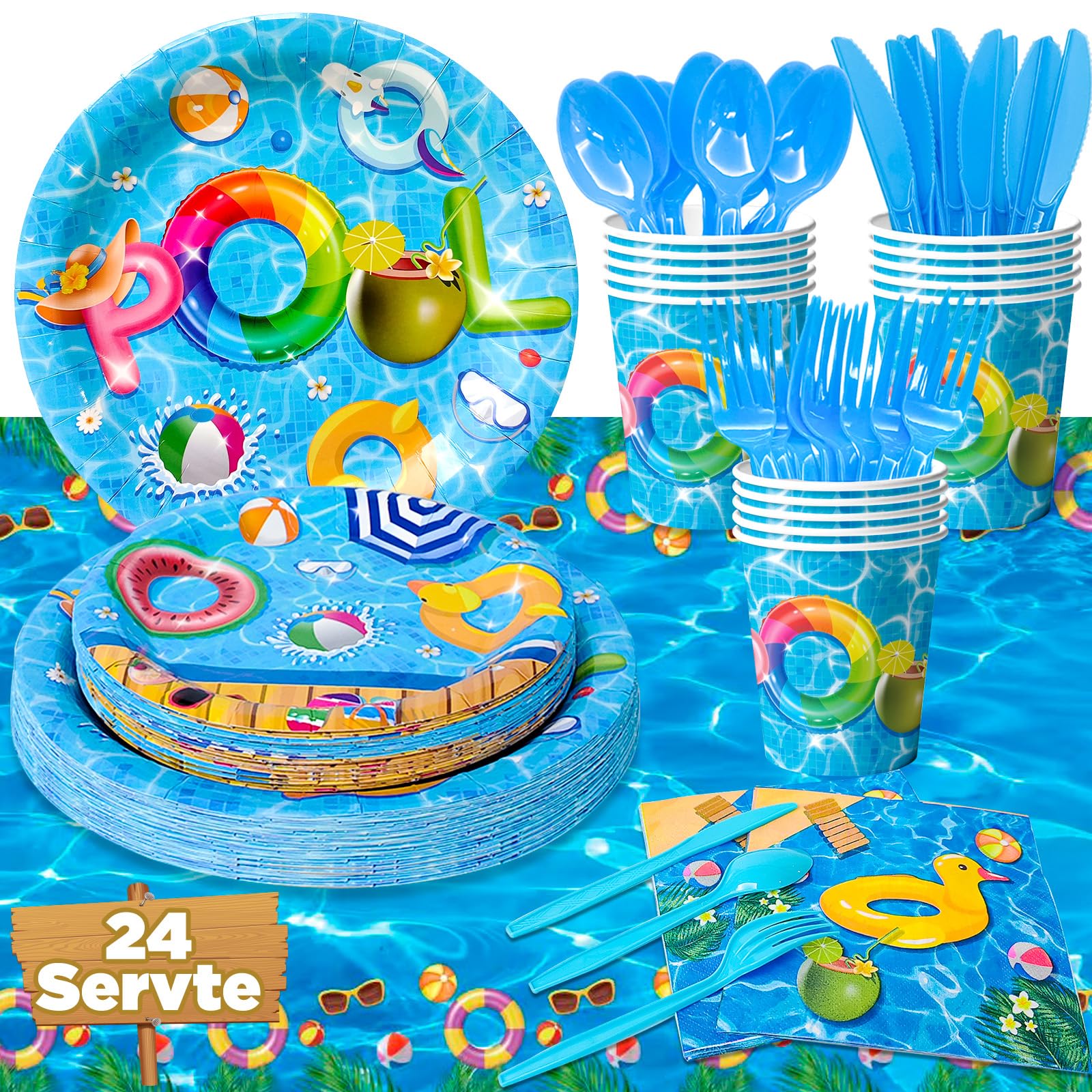 Photo 1 of 169pcs Pool Birthday Tableware Set - Plates, Napkins, Cups, Tablecloth for Summer Pool Party Decor