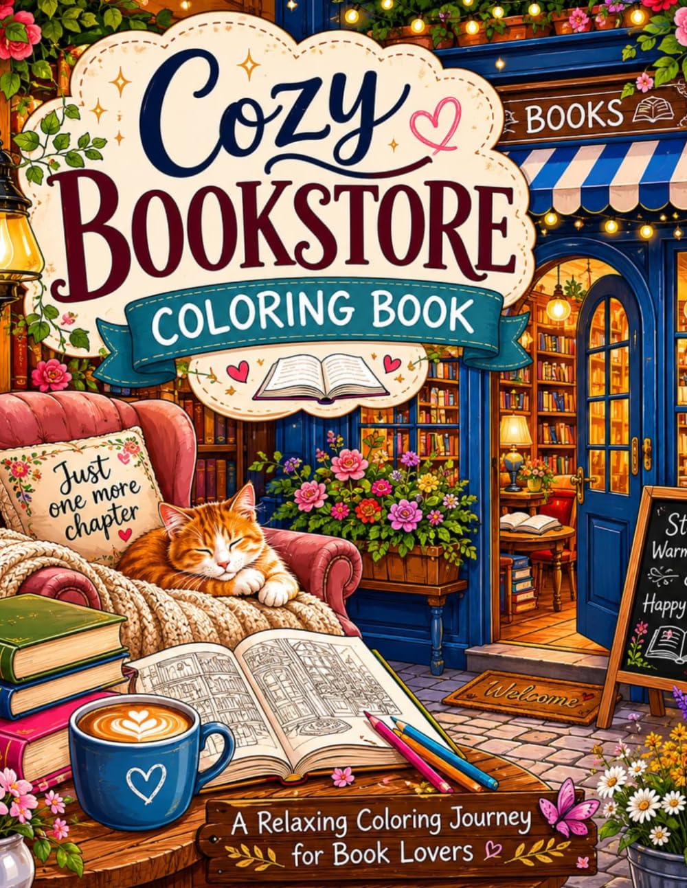 Cozy Bookstore Coloring Book: Charming Bookshops, Reading Nooks, Bookshelves, Coffee Corners, and Relaxing Scenes to Color