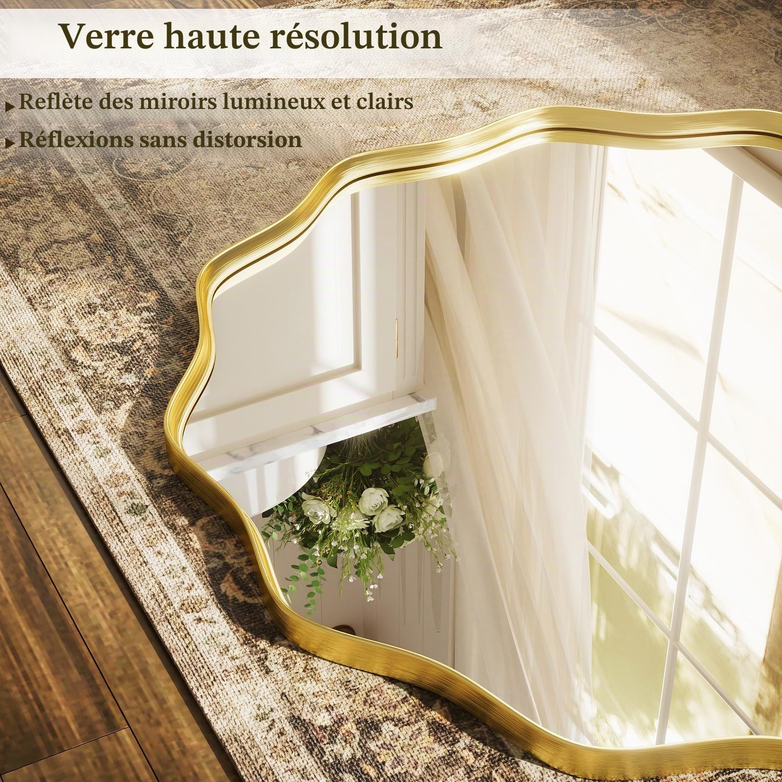 BEAUTYPEAK Miroir rond de 106 cm - Avec bord ondulé - Cadre en aluminium - Grand miroir rond à suspendre et à s'appuyer - Miroir mural rond pour chambre à coucher, salle de bain, couloir - Doré