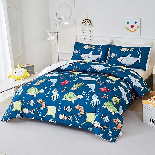 Miniatura 2 de WINLIFE Juego de edredón de tiburón tamaño individual para niños, juego de ropa de cama con estampado de océano azul, súper suave y fácil de lavar,
