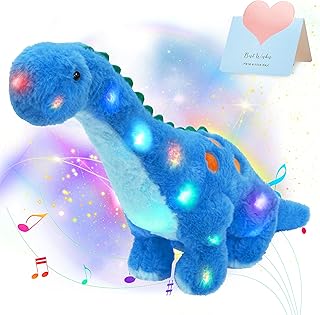 Houwsbaby LED Musical Dinosaur Stuffed Animal Floppy Singing Light Up Adorable Plush Toy Pillow Long Neck Lullaby Animated Soothe Birthday for Kids Toddlers, Blue, 13’’